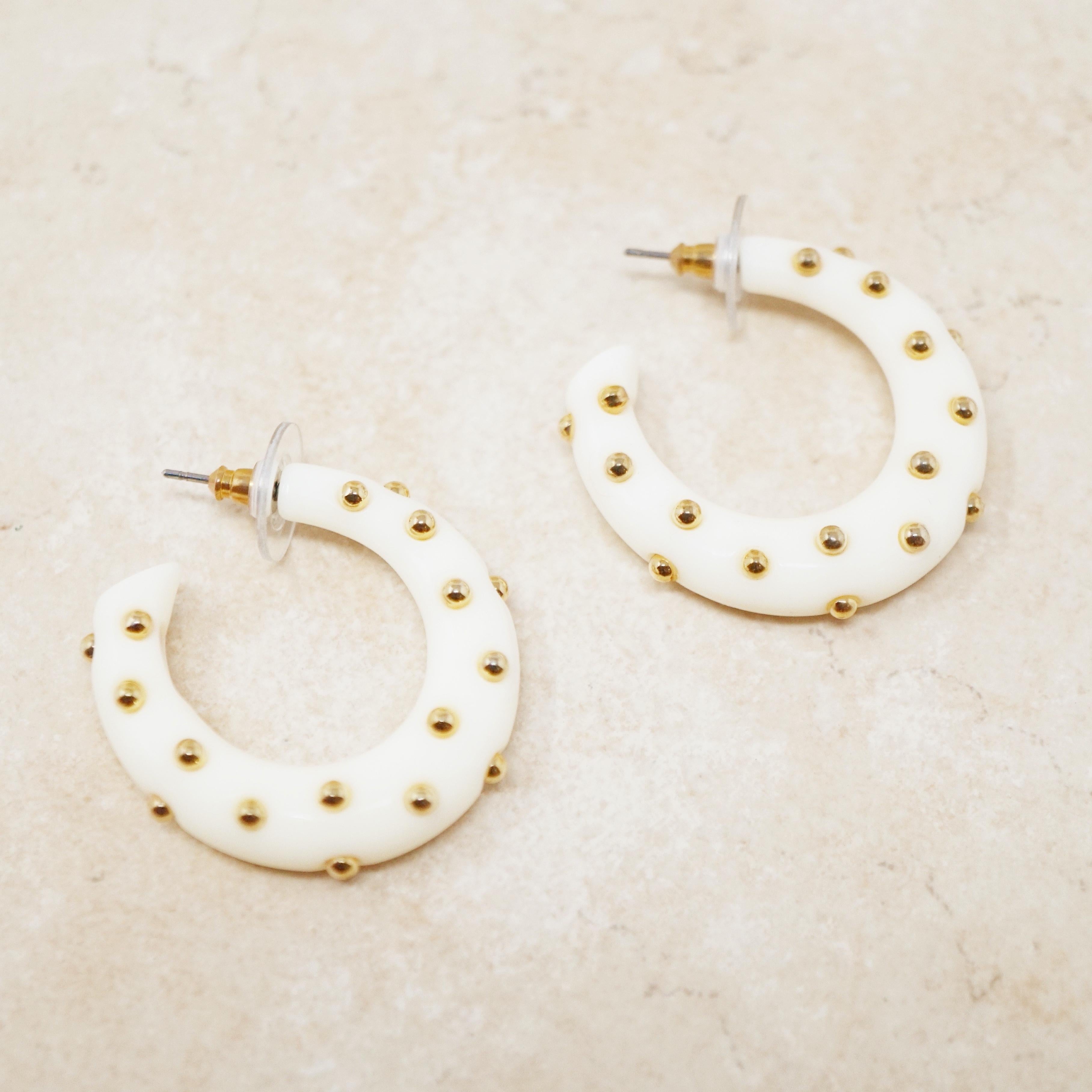 Women's Cream Acrylic Gold Studded Chunky Hoop Earrings by Kenneth Jay Lane, 1970s