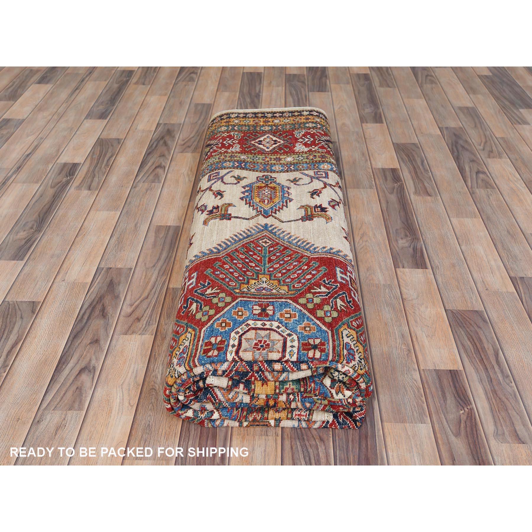 Tapis Oriental Crème Afghan Super Kazak Laine Douce Noué à la Main 8'10