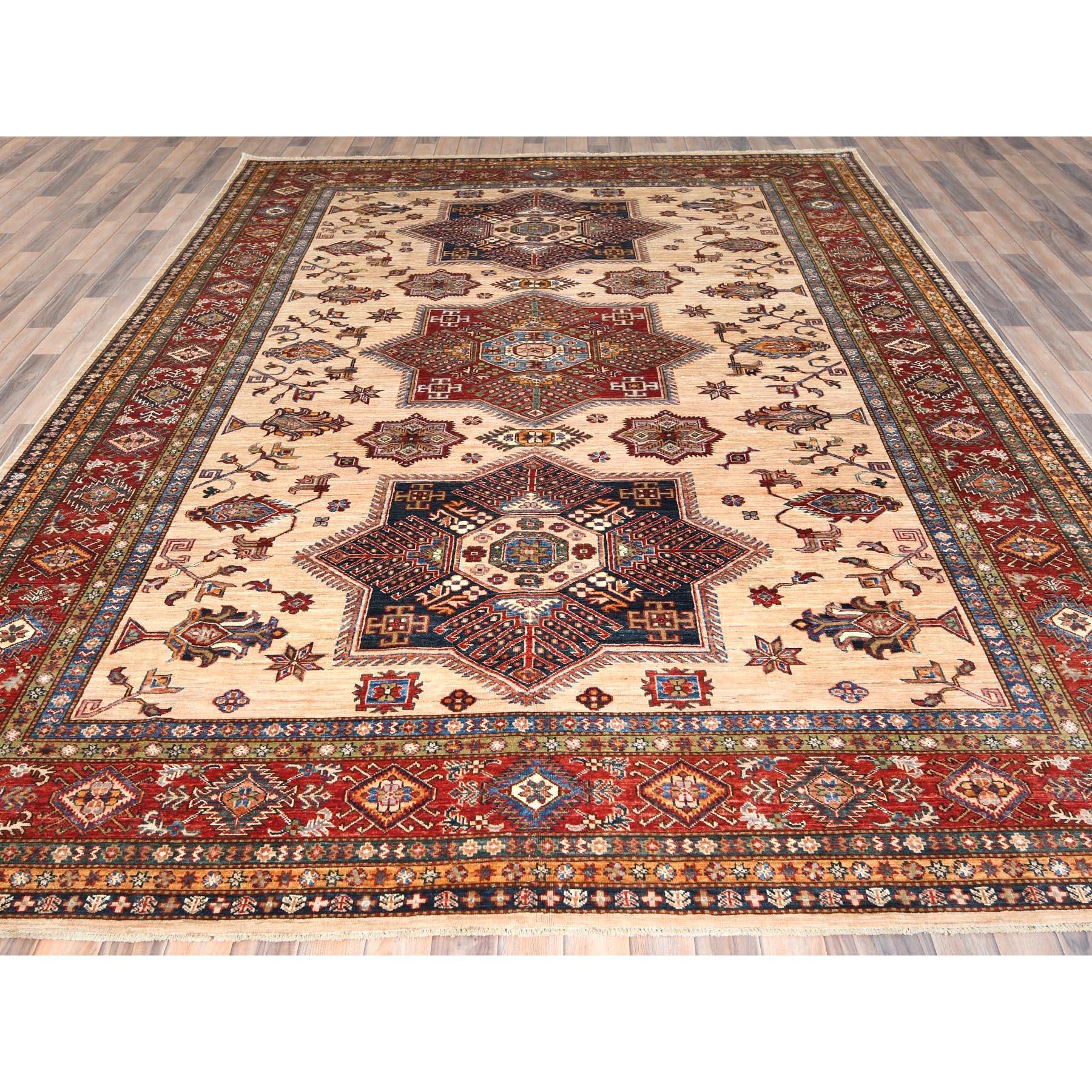 Kazakh Tapis Oriental Crème Afghan Super Kazak Laine Douce Noué à la Main 8'10