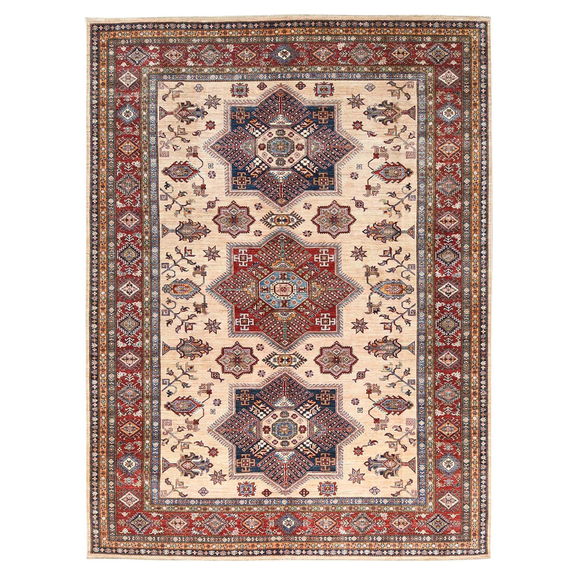 Cream Afghan Super Kazak Soft Wool Hand Knotted Oriental Rug 8'10" x 11'9"