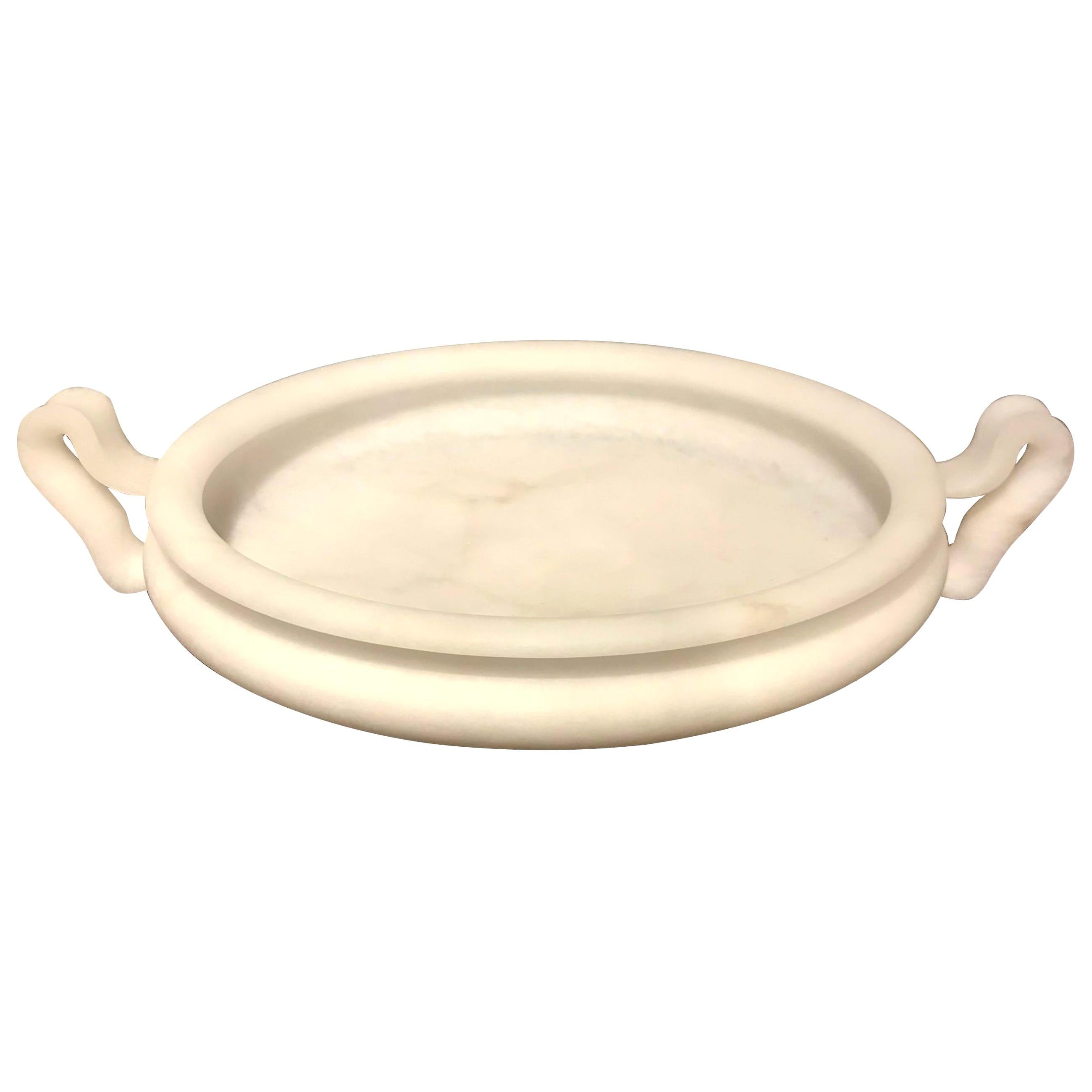 Cream Alabaster Round Bowl with Handles, Italy, Contemporary
