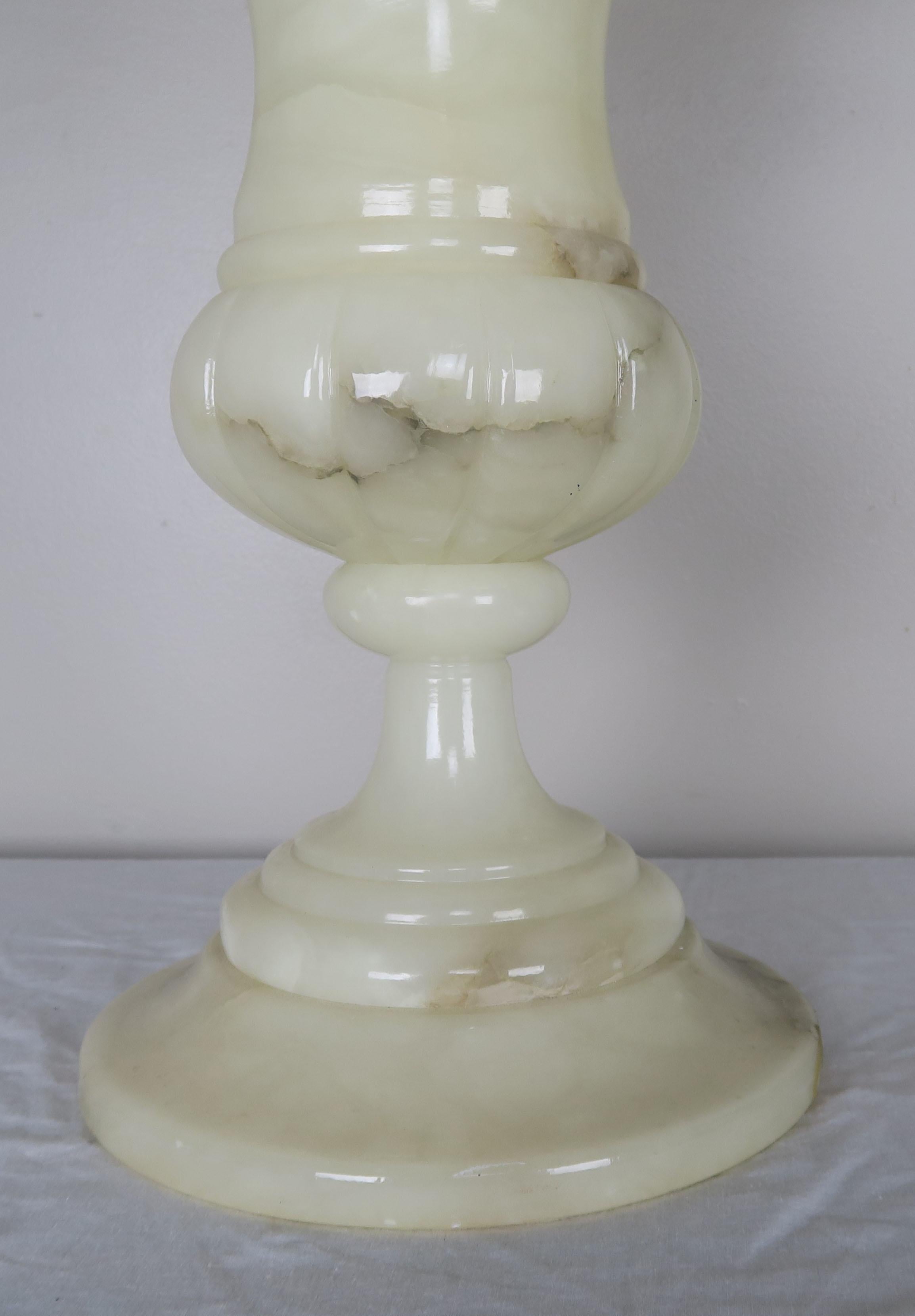 Italian Cream Alabaster Urn Shaped Lamps with Hand Painted Parchment Shades, Pair For Sale