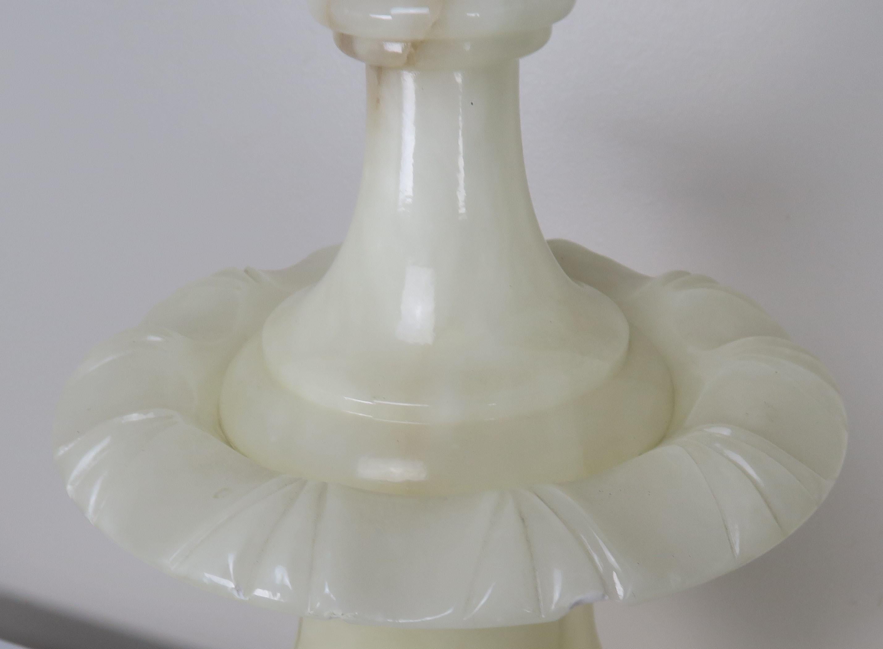 Cream Alabaster Urn Shaped Lamps with Hand Painted Parchment Shades, Pair For Sale 1