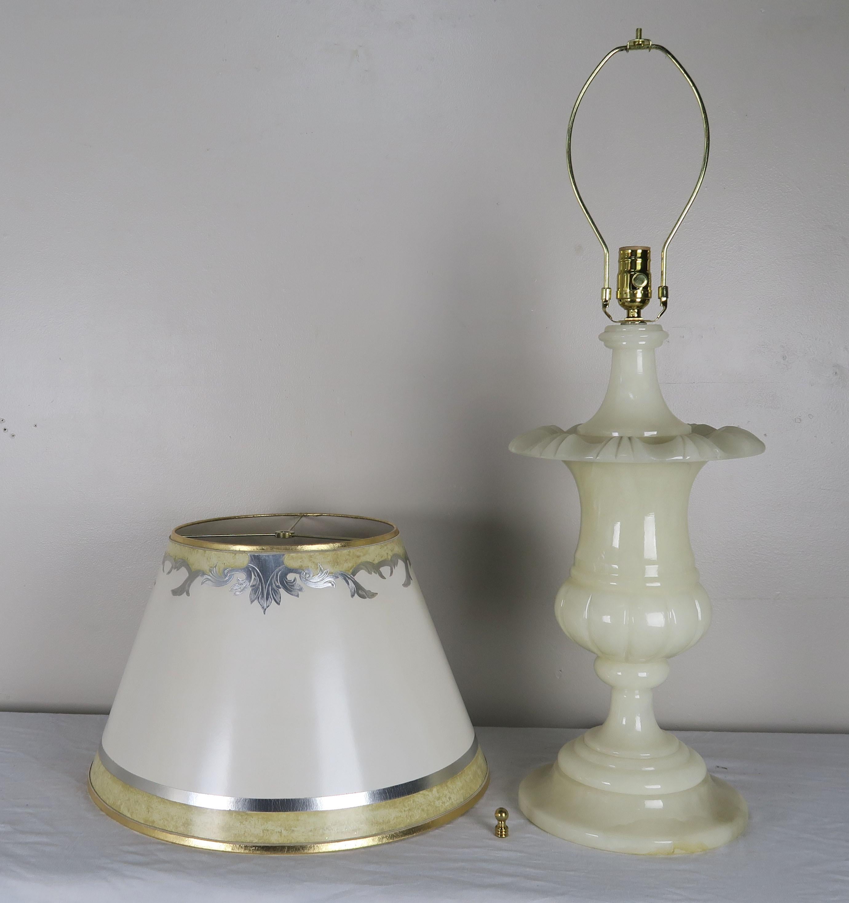 Cream Alabaster Urn Shaped Lamps with Hand Painted Parchment Shades, Pair For Sale 3