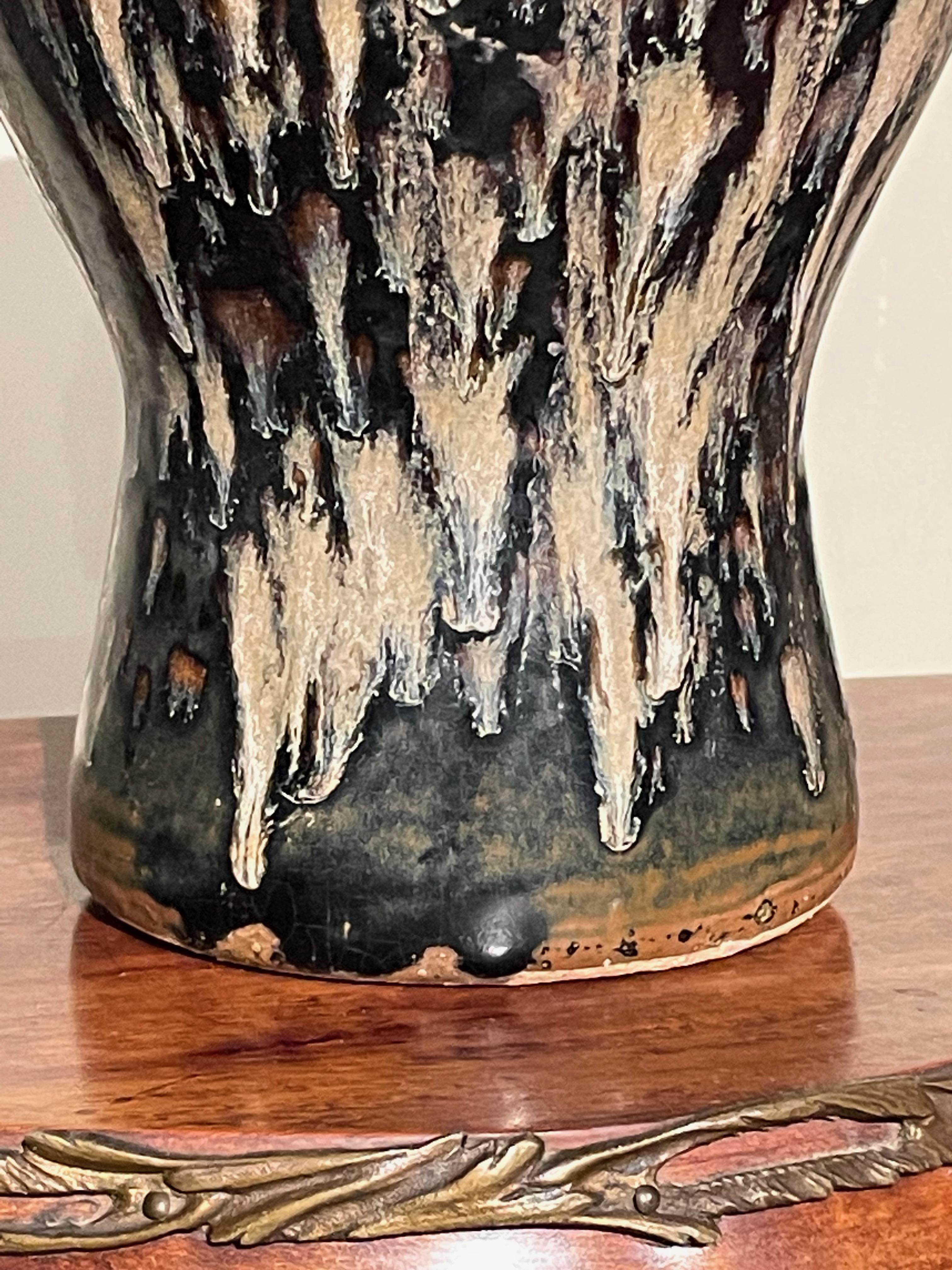 Chinese Cream and Black Splatter Glaze Tall Hour Glass Shape Vase, China, Contemporary For Sale