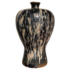 Cream and Black Splatter Glaze Tall Hour Glass Shape Vase, China, Contemporary