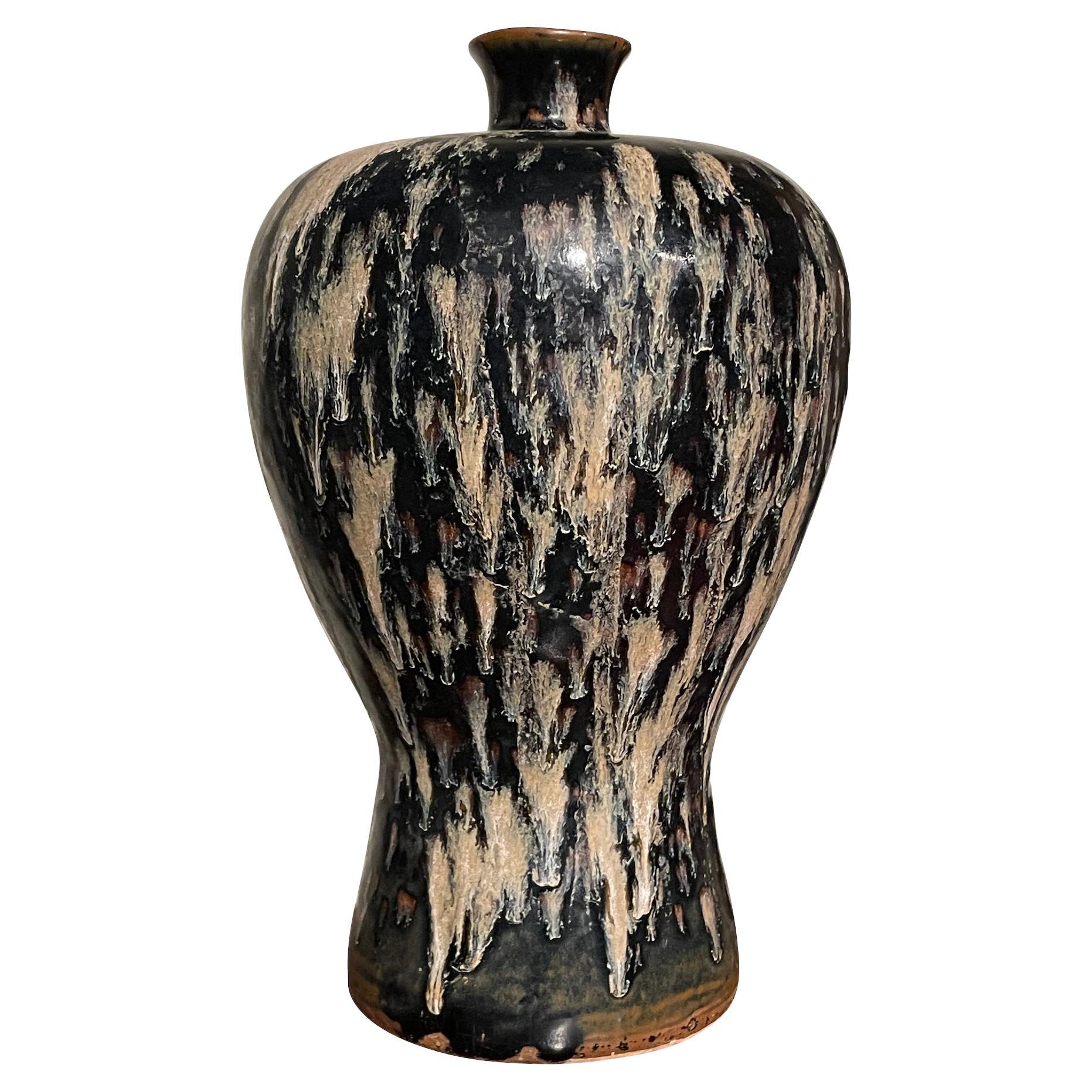 Cream and Black Splatter Glaze Tall Hour Glass Shape Vase, China, Contemporary For Sale