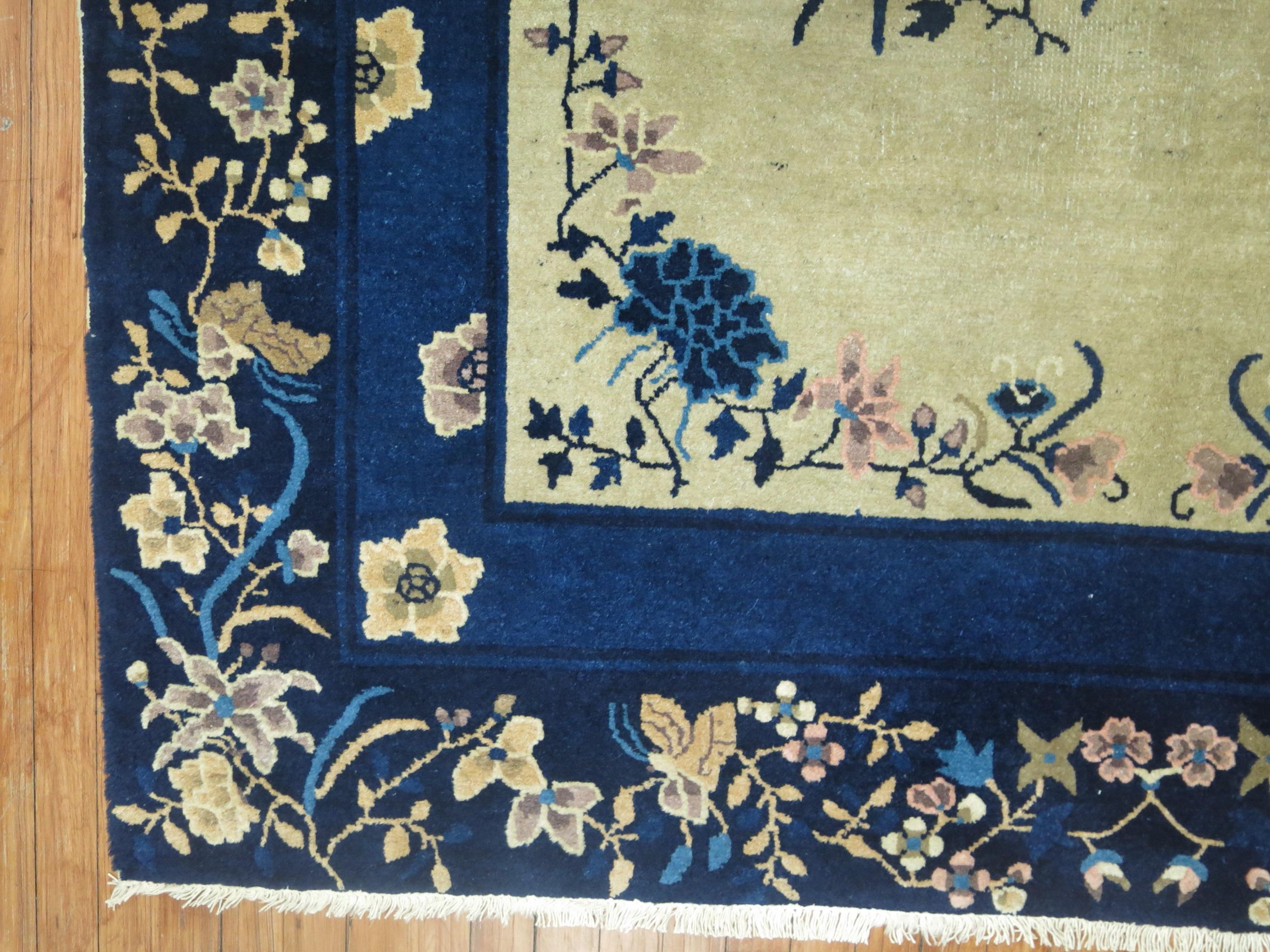 Hand-Woven Cream and Blue Chinese Rug