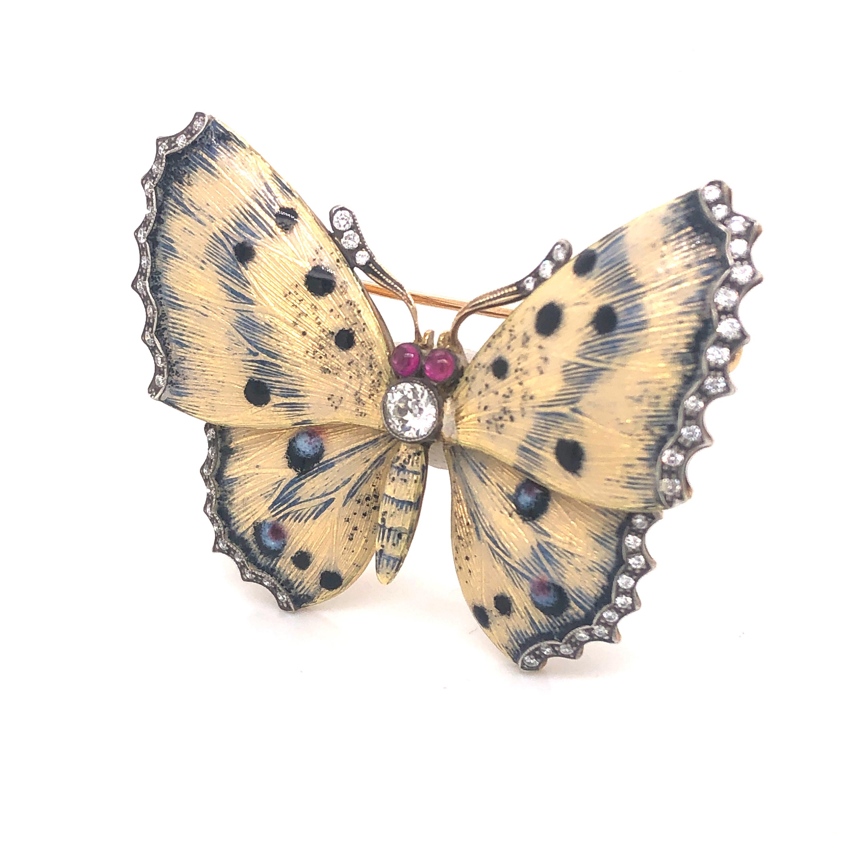 Modern Cream and Blue Enamel Diamond Butterfly Brooch For Sale