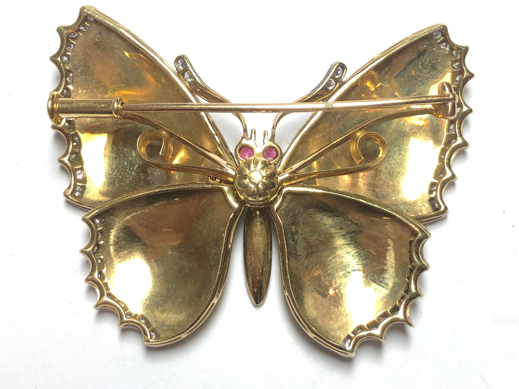 Brilliant Cut Cream and Blue Enamel Diamond Butterfly Brooch For Sale