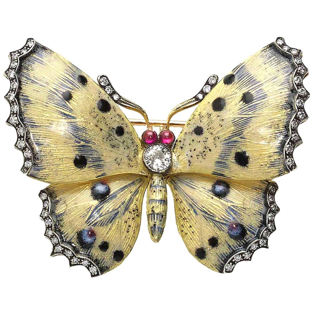 Cream and Blue Enamel Diamond Butterfly Brooch For Sale