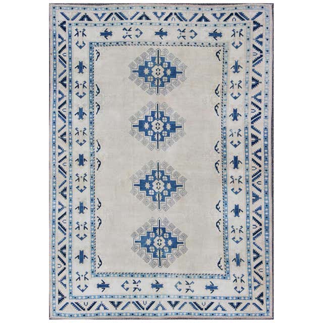Cream Turkish Rug Cream and Blue Geometric Four Medallion Design Vintage Turkish Oushak ...