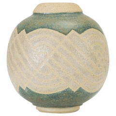 Cream and Blue Vase with Sgraffito Knot Pattern