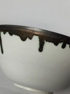 Cream and Bronze Glazed Ceramic Bowl in the Style of Lucie Rie