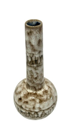 Cream And Brown Glaze Tall Tubular Neck Ceramic Vase, Hungary, 1940s