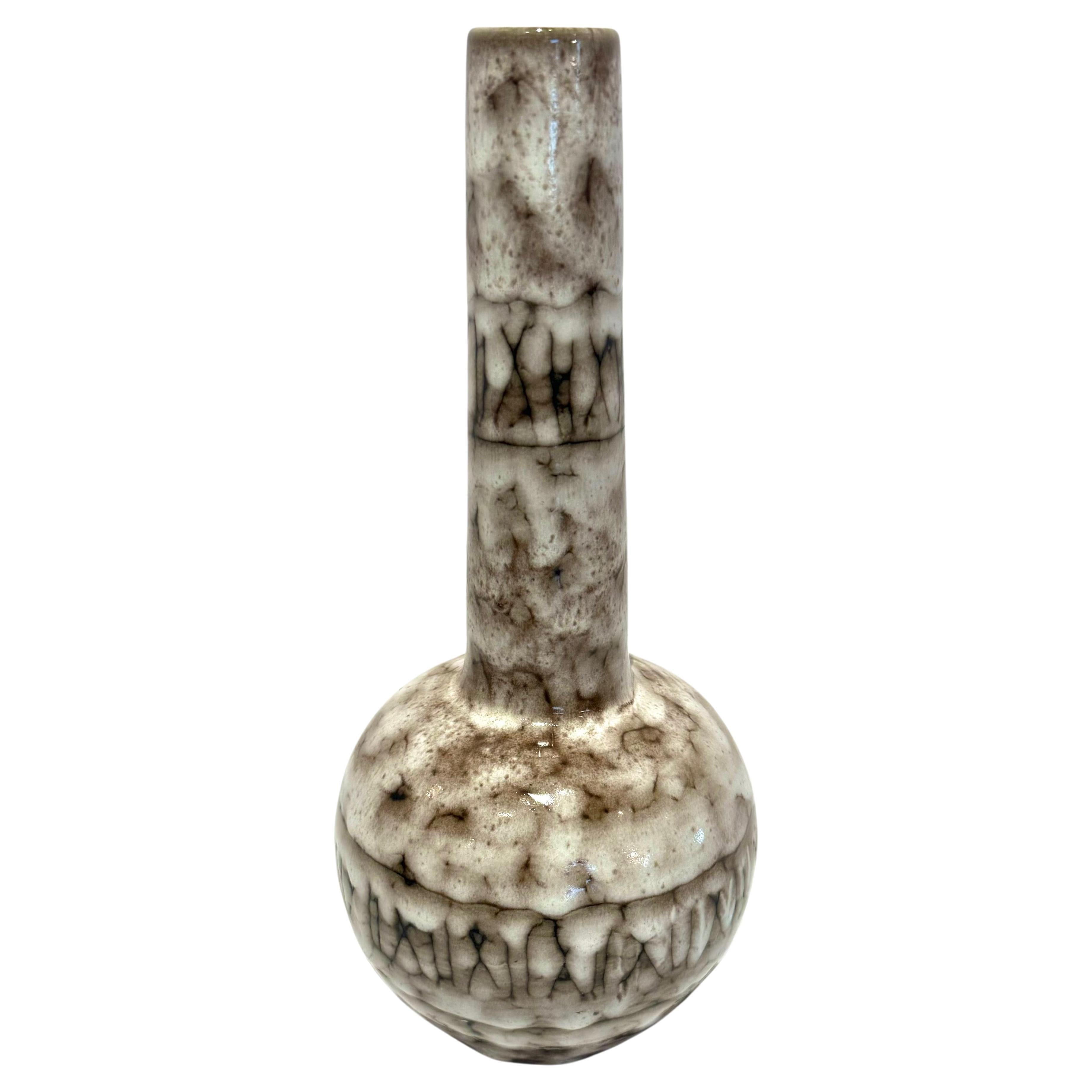 Cream And Brown Glaze Tall Tubular Neck Ceramic Vase, Hungary, 1940s For Sale