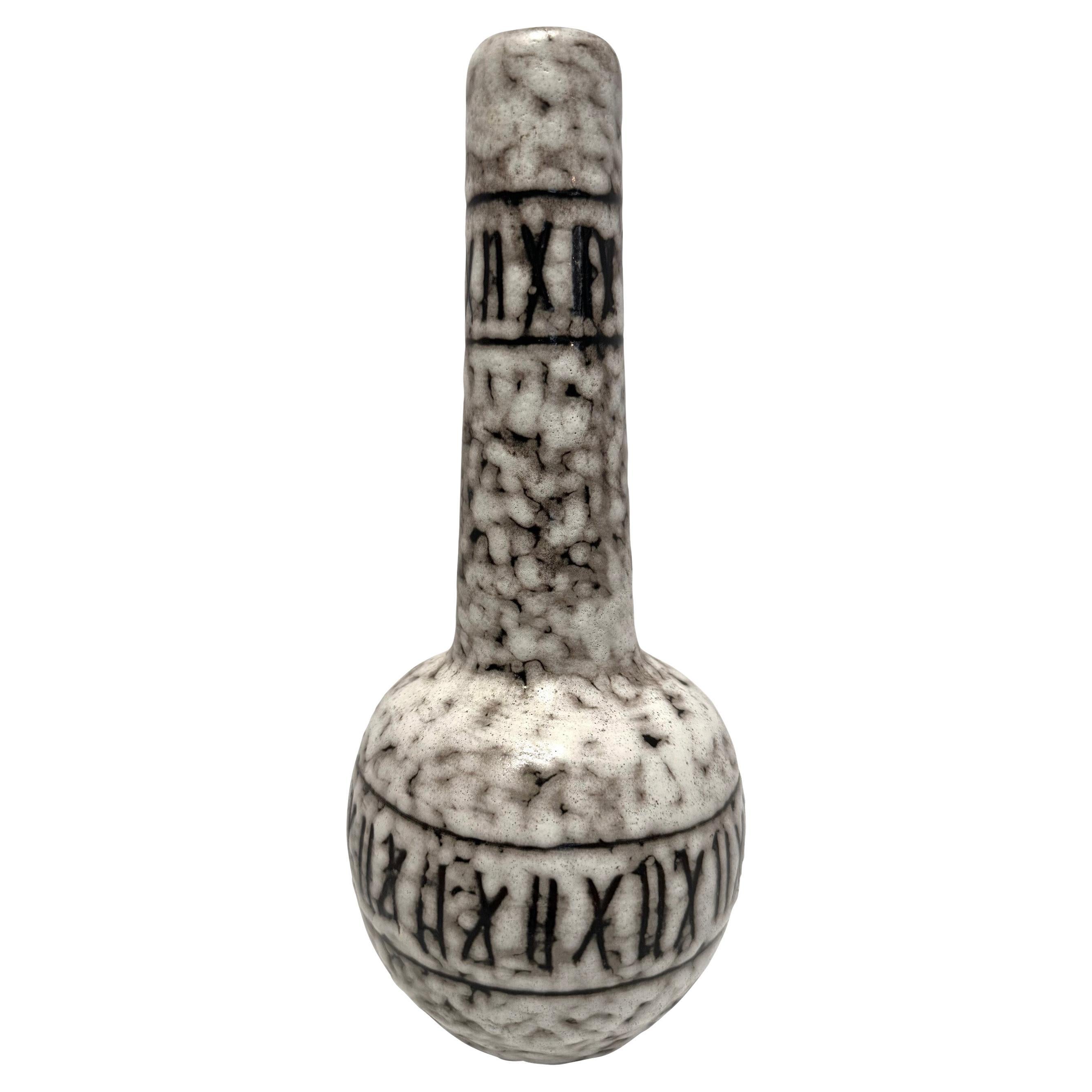 Cream And Brown Glaze Thin Funnel Neck X Design Vase, Hungary, 1940s