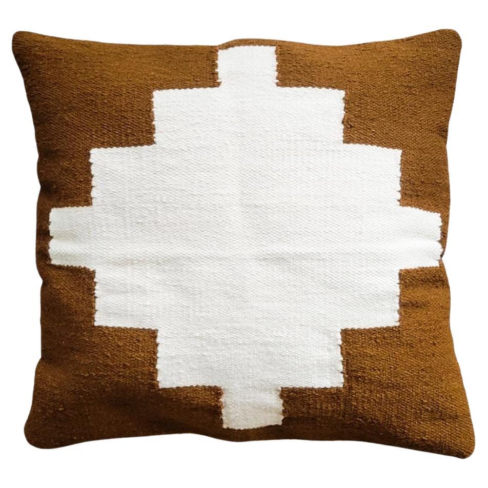 Cream and Brown Raja Handwoven Wool Decorative Throw Pillow Cover For Sale