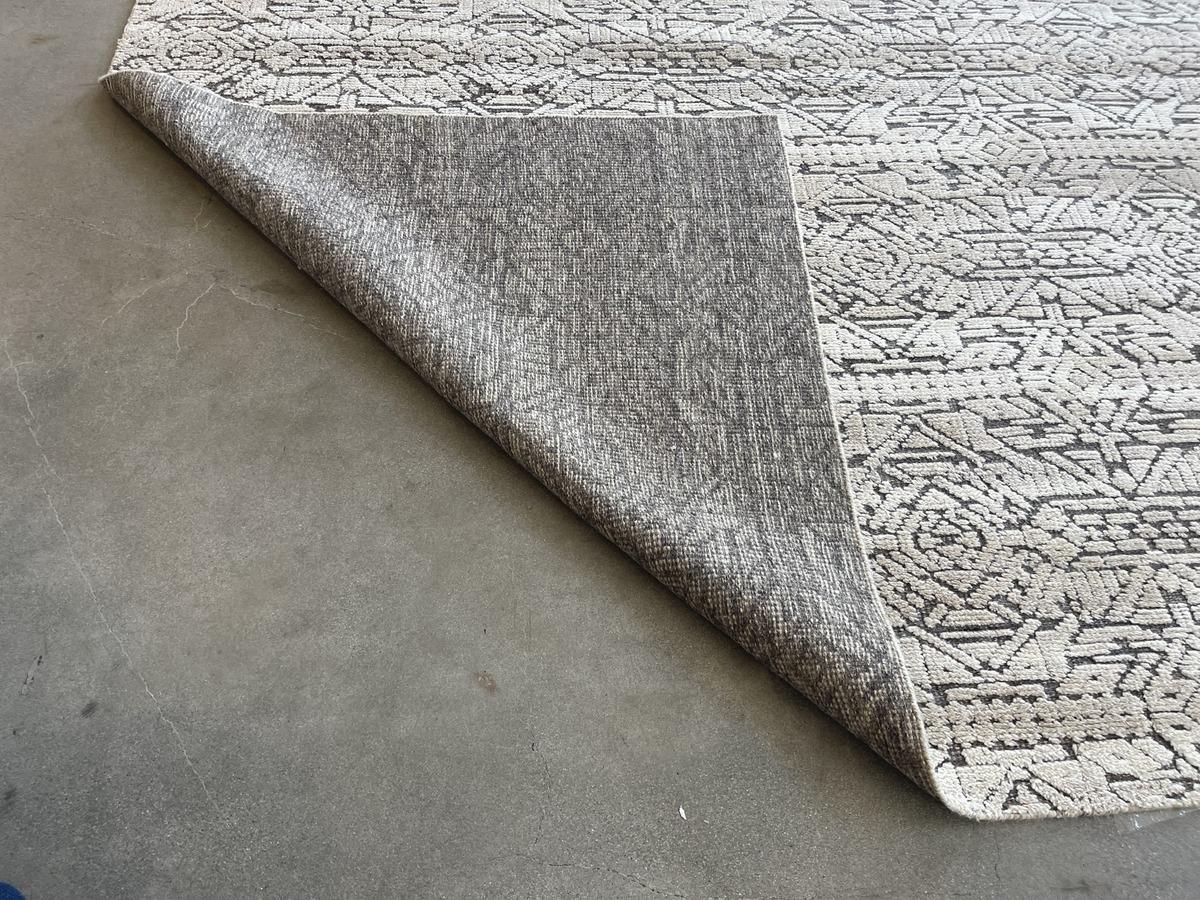 Hand-Knotted Cream and Charcoal Cut and Loop Area Rug For Sale