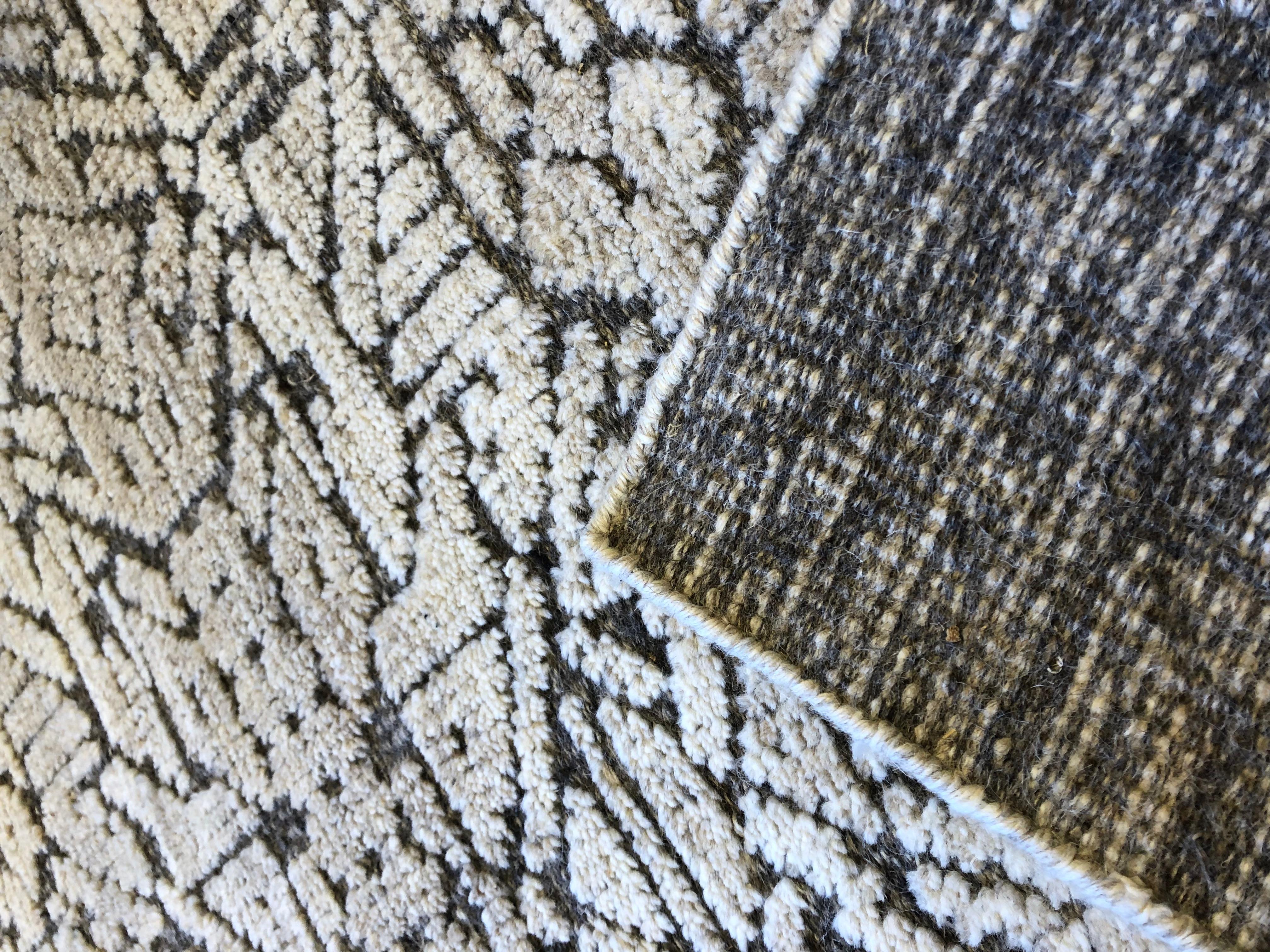 Wool Cream and Charcoal Cut and Loop Area Rug For Sale