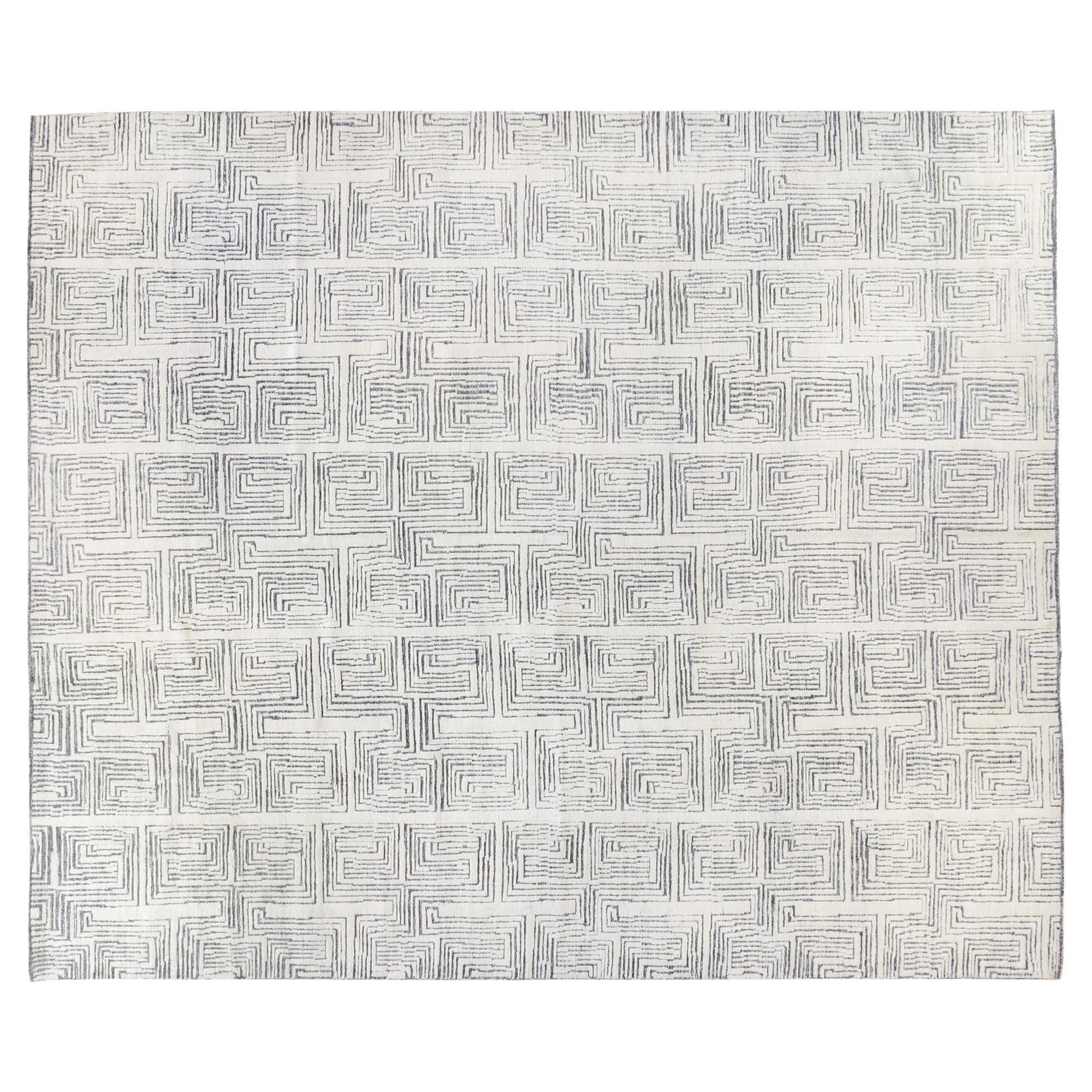 Cream and Charcoal Maze Area Rug For Sale