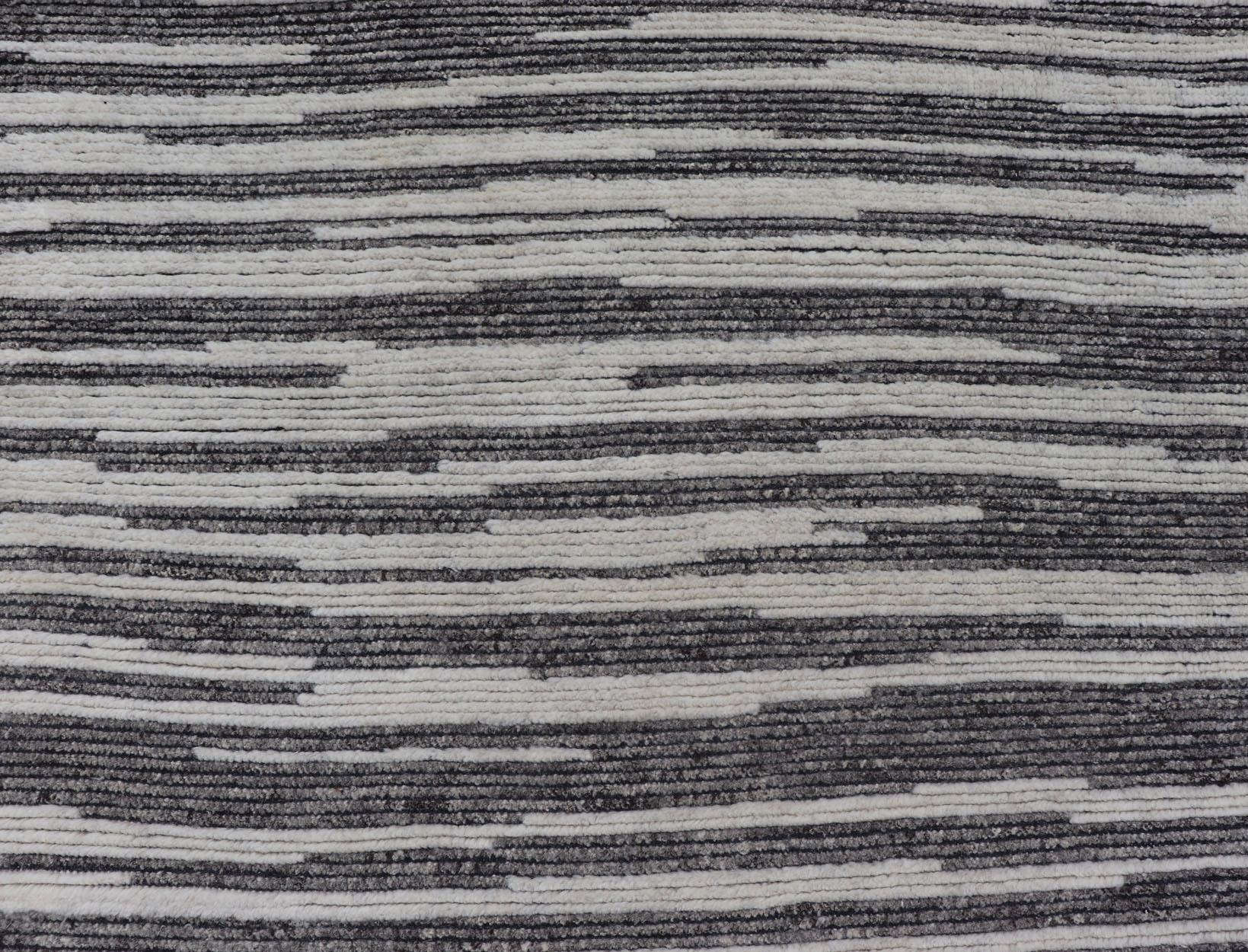 Modern Cream and Charcoal Wood Grain Designed Indian Rug Hand-Knotted 10'2 x 14'0 For Sale
