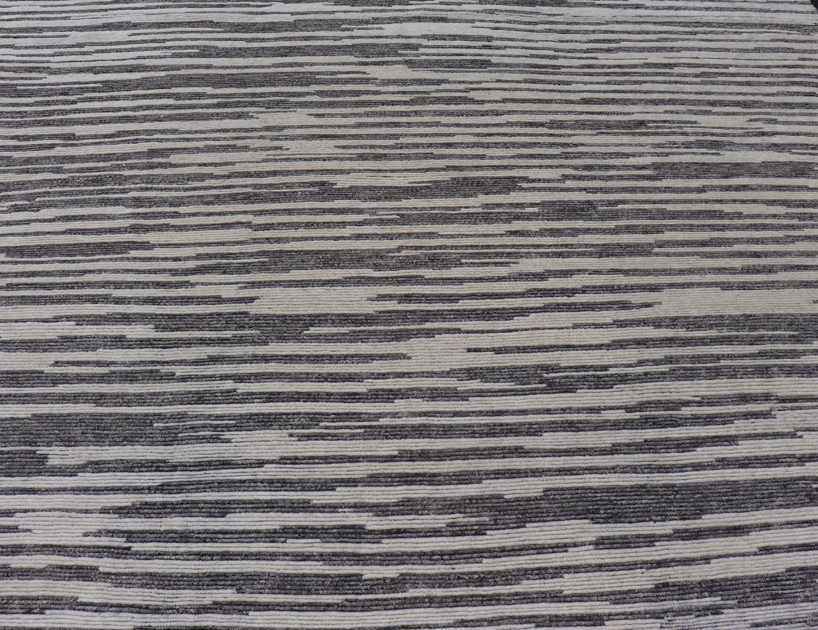 Contemporary Cream and Charcoal Wood Grain Designed Indian Rug Hand-Knotted 10'2 x 14'0 For Sale
