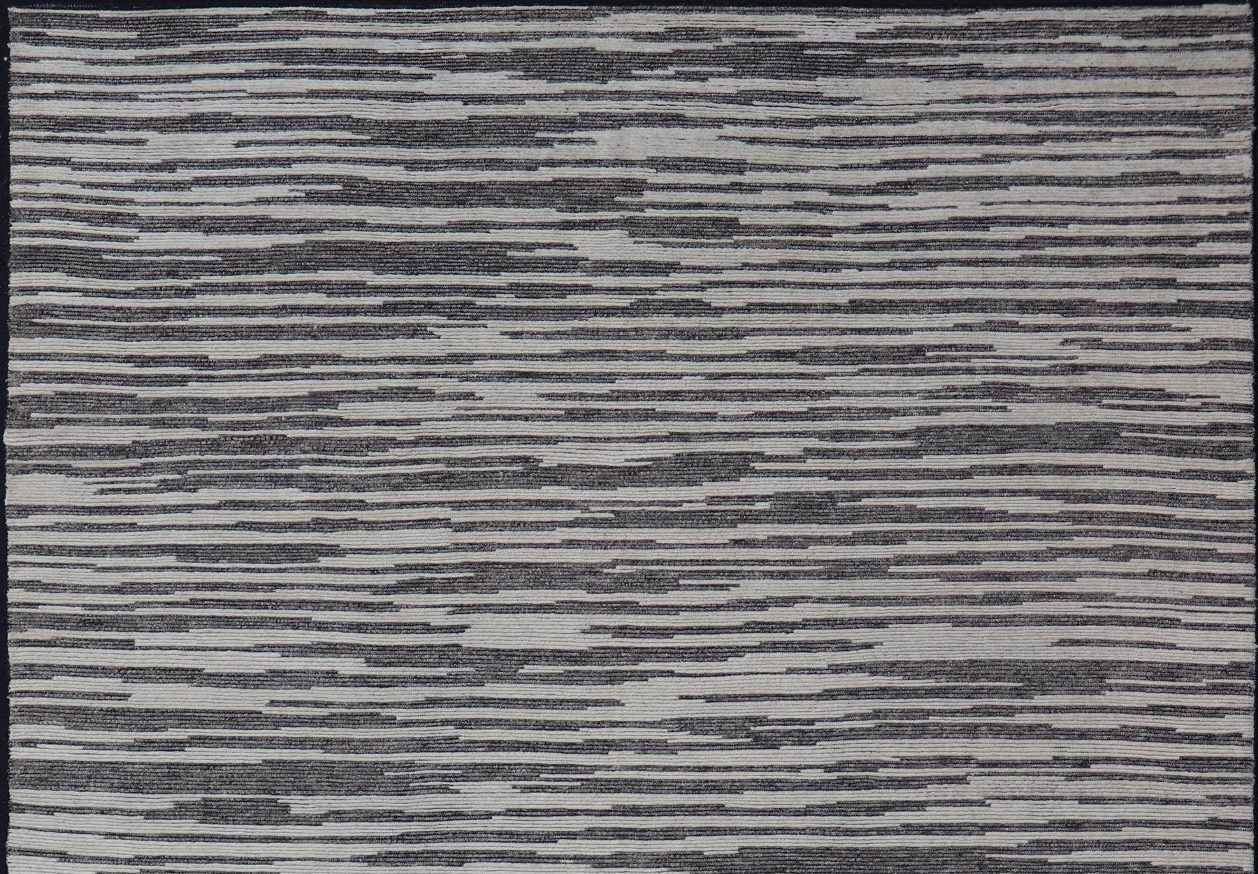 Wool Cream and Charcoal Wood Grain Designed Indian Rug Hand-Knotted 10'2 x 14'0 For Sale
