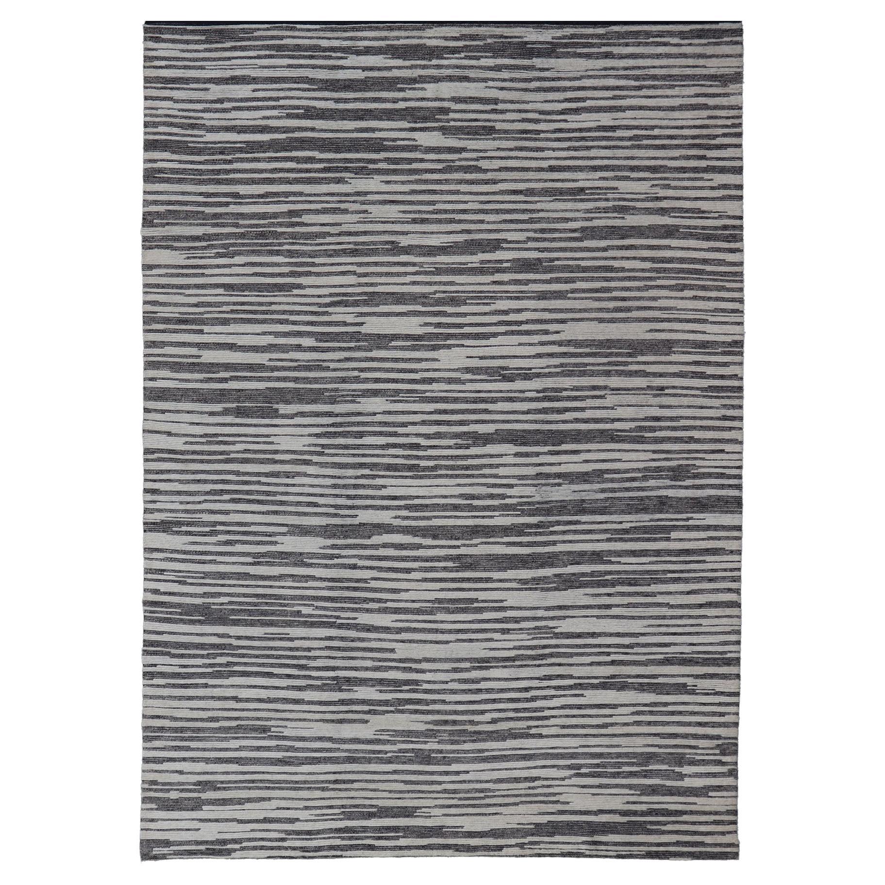 Cream and Charcoal Wood Grain Designed Indian Rug Hand-Knotted 10'2 x 14'0 For Sale