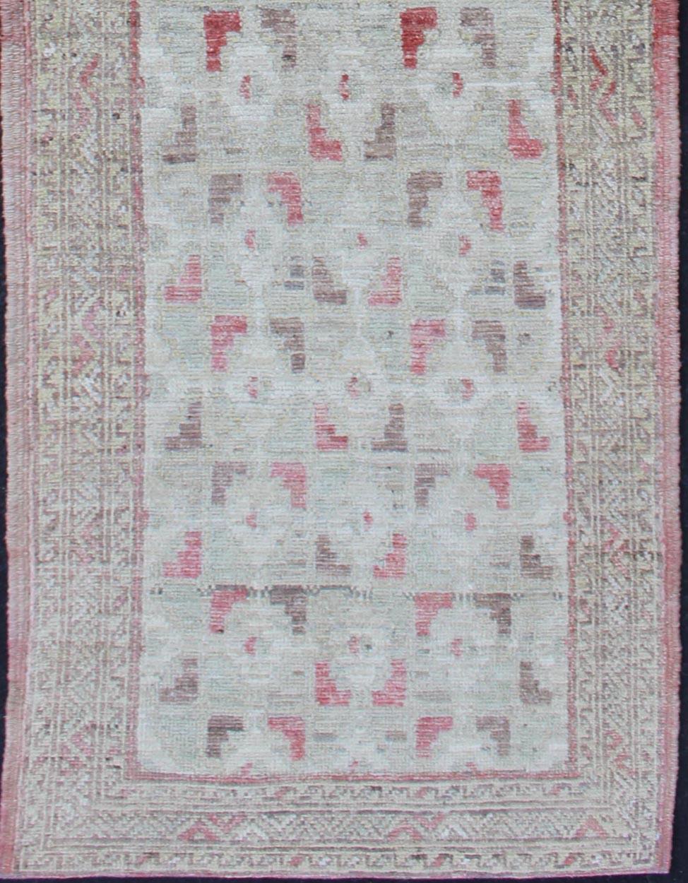 Afghan Cream and Coral Colored Casual Modern Runner in Khotan All-Over Design For Sale