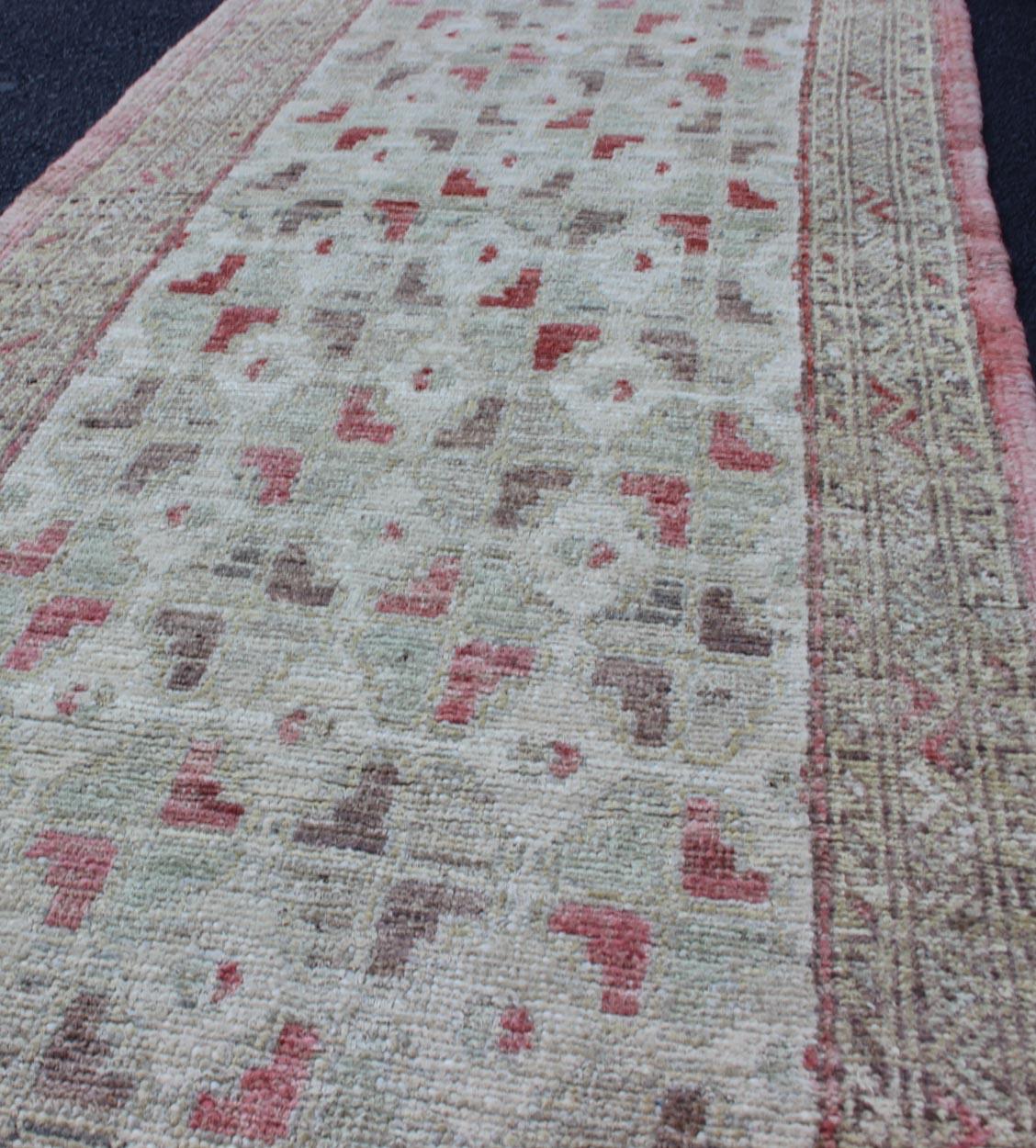Hand-Knotted Cream and Coral Colored Casual Modern Runner in Khotan All-Over Design For Sale