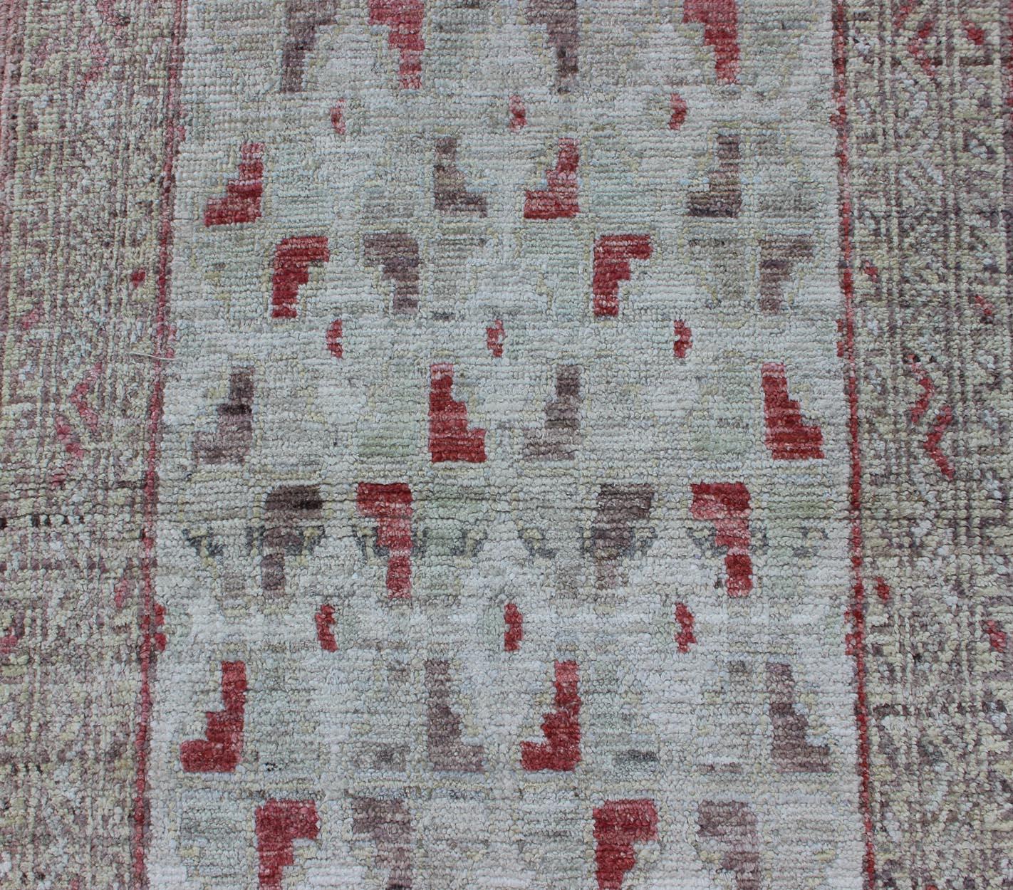 Contemporary Cream and Coral Colored Casual Modern Runner in Khotan All-Over Design For Sale