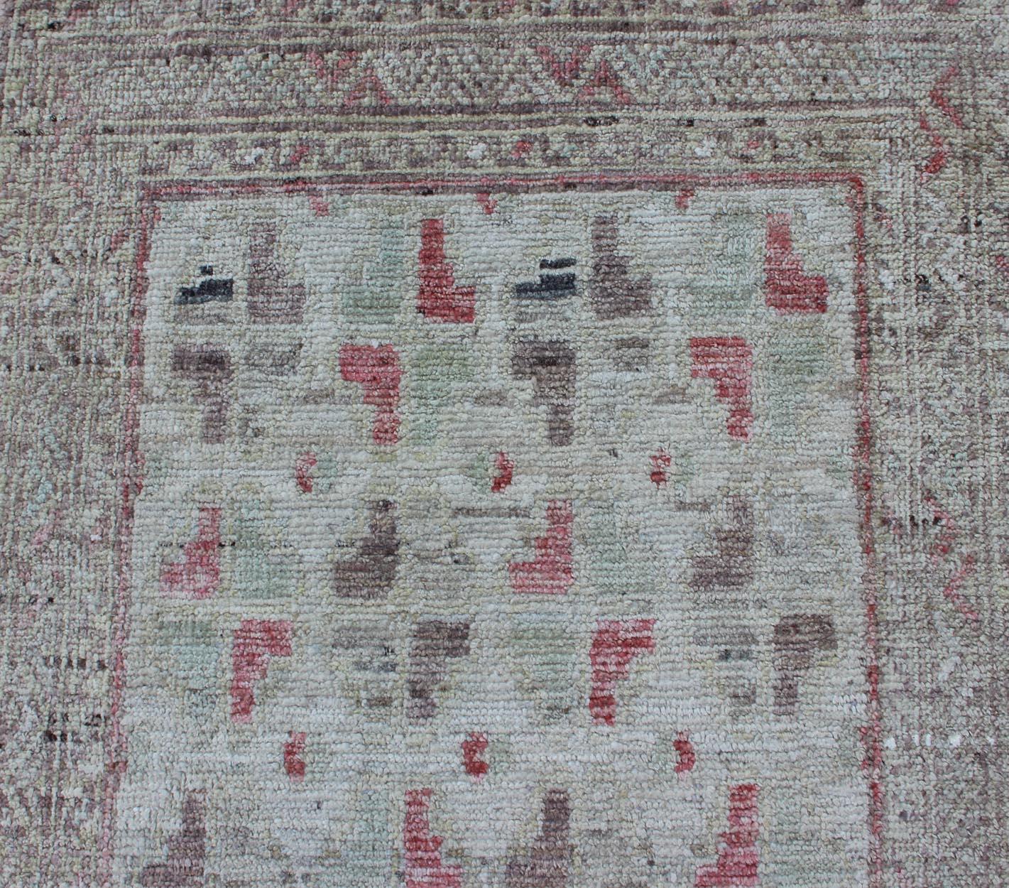 Wool Cream and Coral Colored Casual Modern Runner in Khotan All-Over Design For Sale
