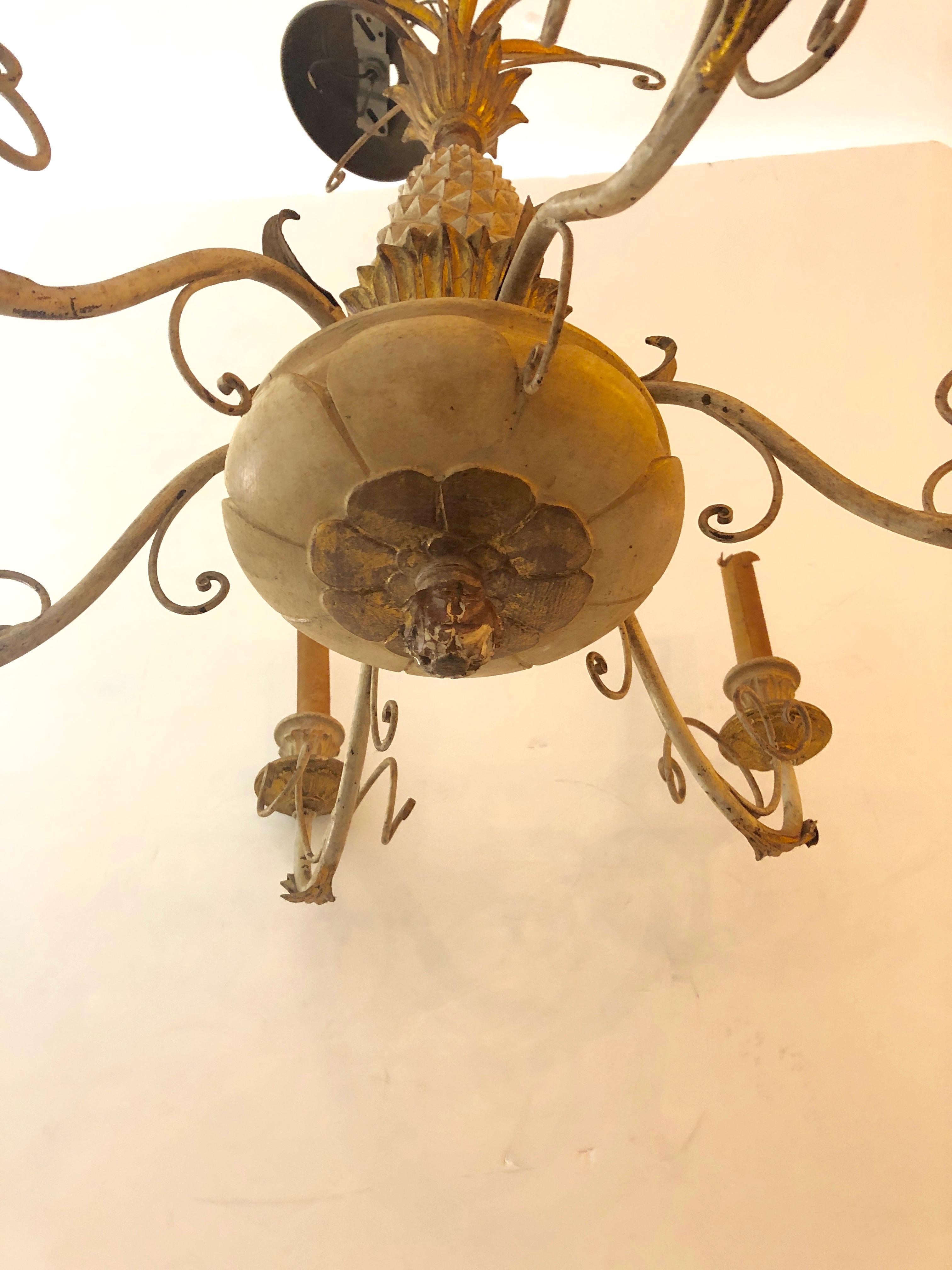 Neoclassical Cream and Gold Italian Pineapple Carved Wood and Iron Chandelier For Sale