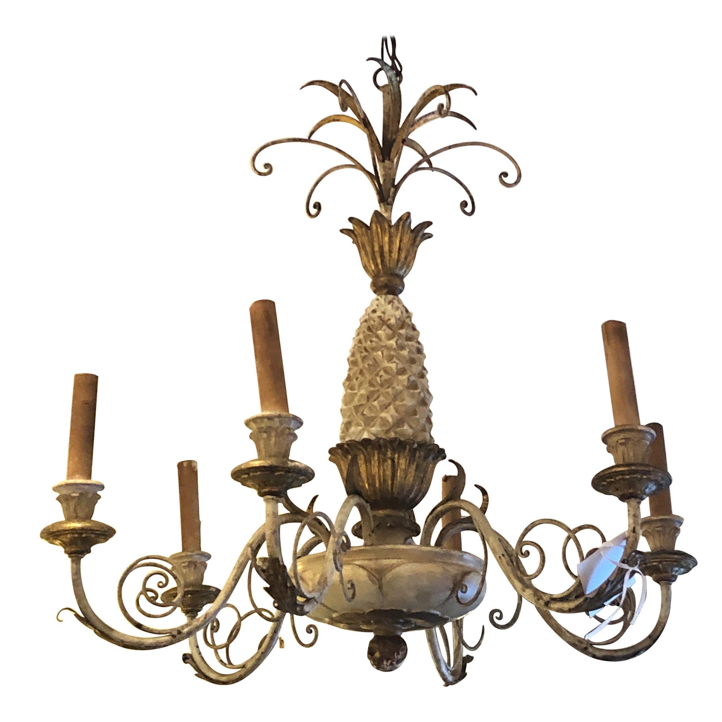 Cream and Gold Italian Pineapple Carved Wood and Iron Chandelier