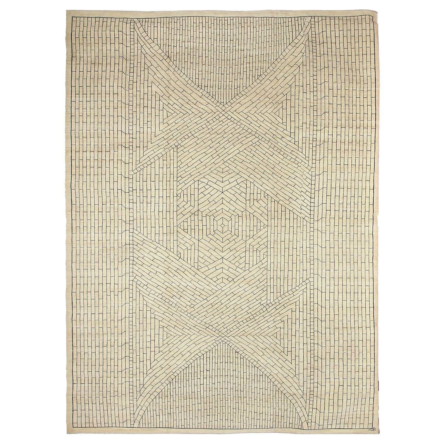Cream and Gray Modern Wool Area Rug with Geometric Design by Orley Shabahang
