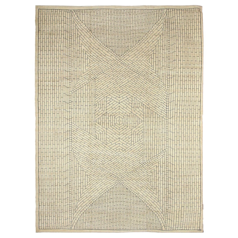 Cream and Gray Modern Wool Area Rug with Geometric Design by Orley