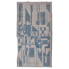 Cream and Light Blue Abstract Modern Casual Gallery Runner Rug