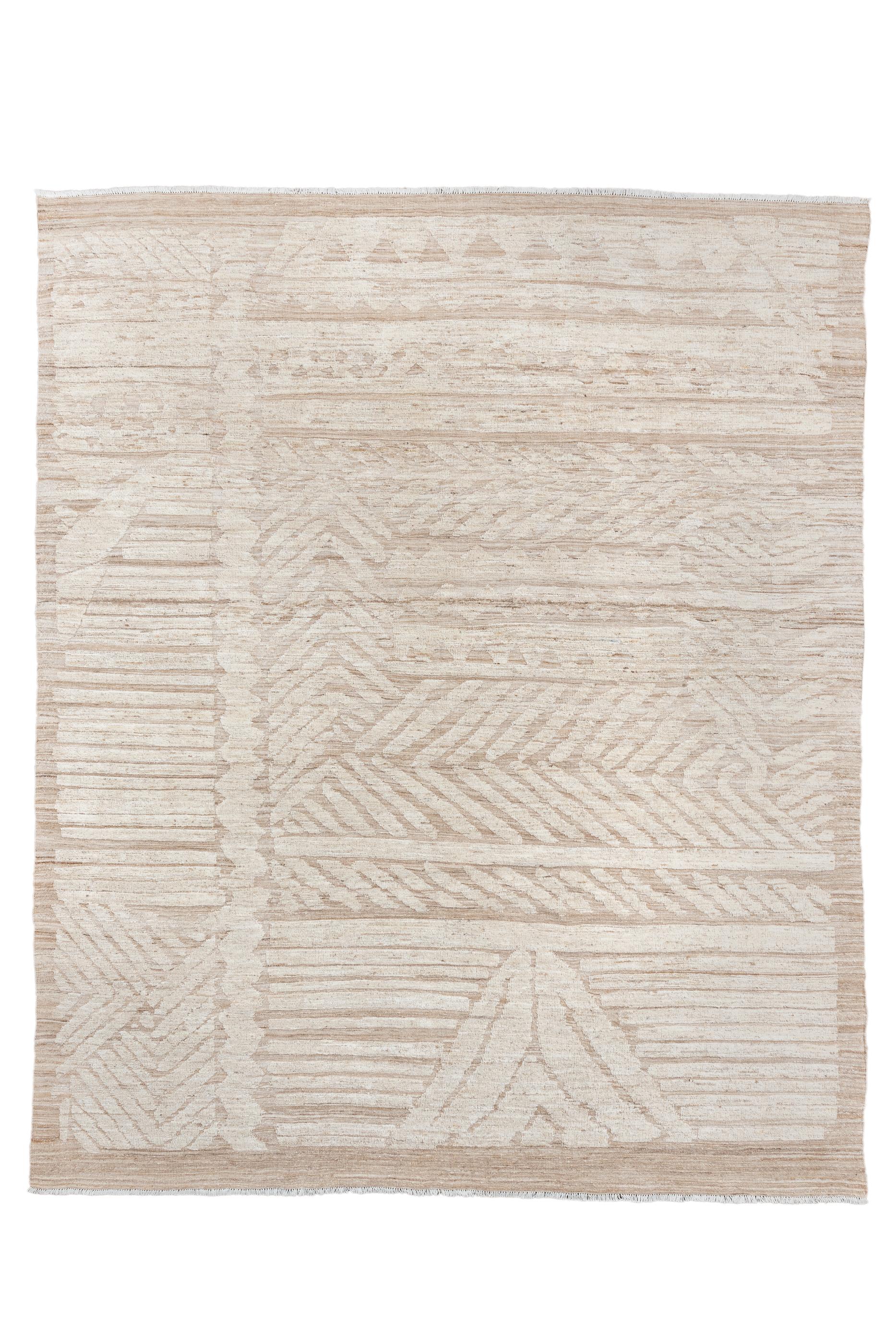 This village piece in cream and light brown asymmetrically combines panels of stripes, chevrons, diagonal bars, plain strips and a large nested triangular basal motif into an attractive, abstract whole.  Abrashed, irregular plain light brown border.