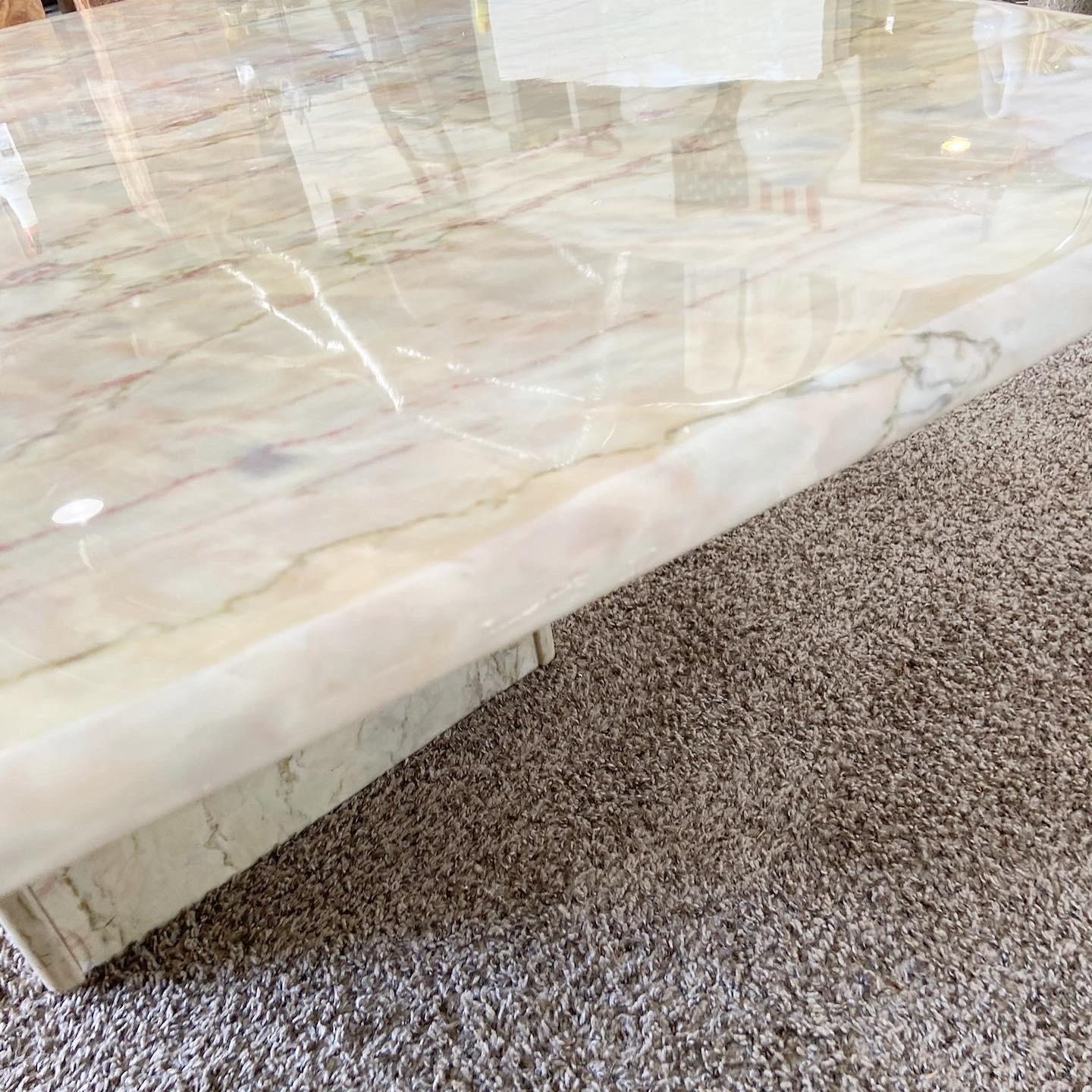 Cream and Pink Marble Rounded Square Top Coffee Table In Good Condition For Sale In Delray Beach, FL
