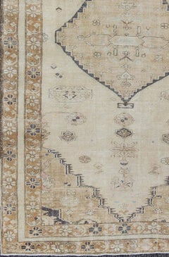 Vintage Turkish Oushak Rug with Beige, Soft Camel, and Faded Dark Blue Tones