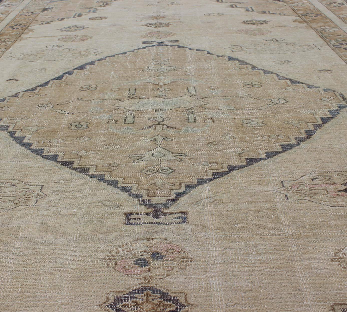Wool Cream and Taupe Midcentury Turkish Oushak Rug with Etched Medallion Design For Sale