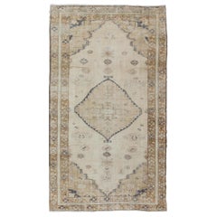 Vintage Cream and Taupe Midcentury Turkish Oushak Rug with Etched Medallion Design