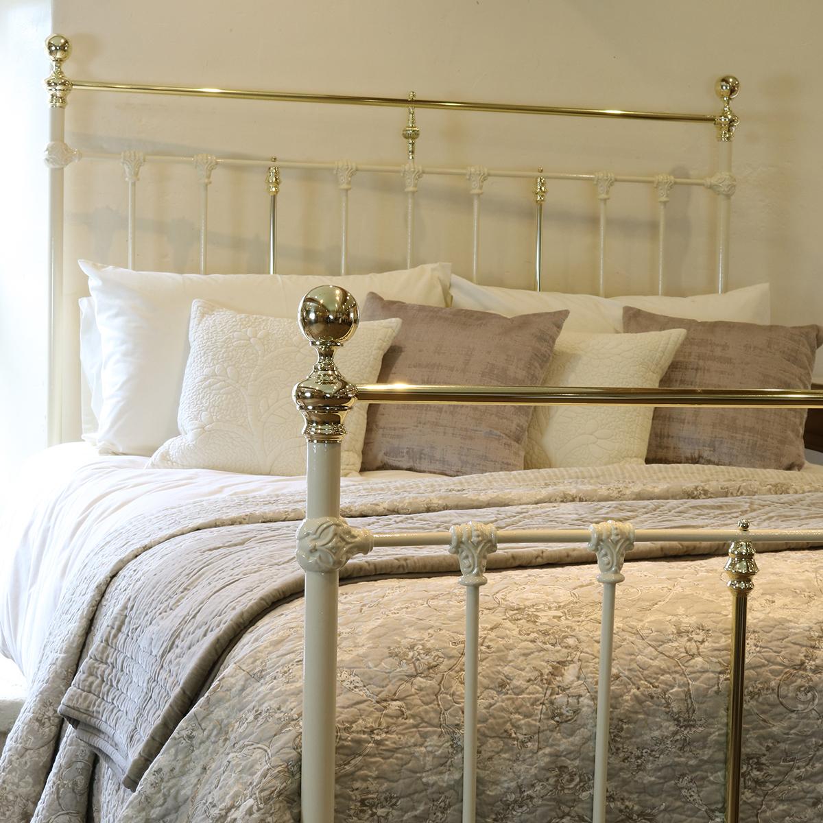 Antique bed in cream with straight brass top rail, decorative castings and brass kneecaps.

This bed accepts a UK King size or US Queen size (5ft, 60in or 150cm wide) base and mattress set.

The price includes a standard firm bed base to support the