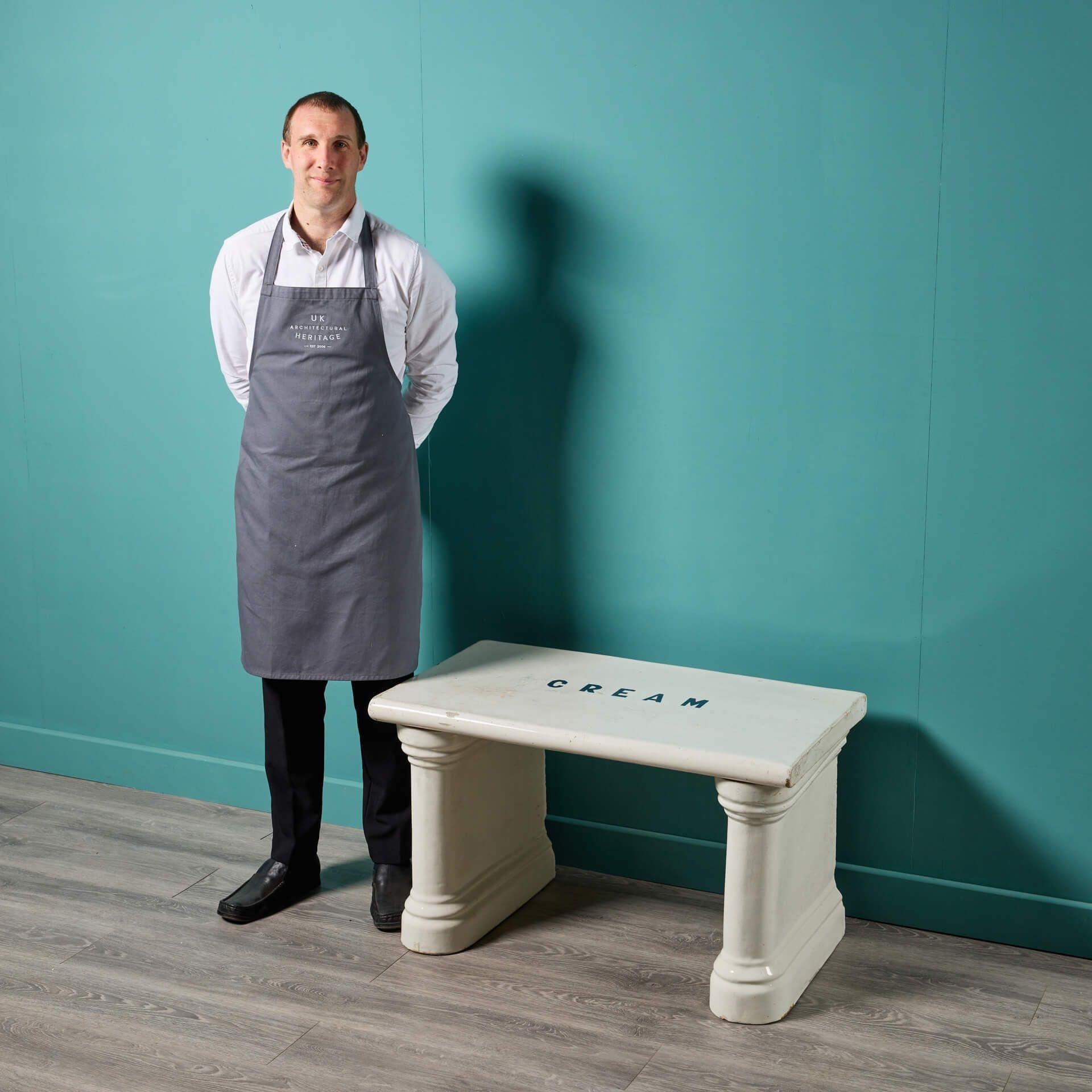 A rare and very unusual antique glazed stoneware dairy table, painted with the word ‘Cream’ circa 1880. This is just one of a series of similar diary tables we are selling sourced from an English country house.

You can just imagine this dairy table