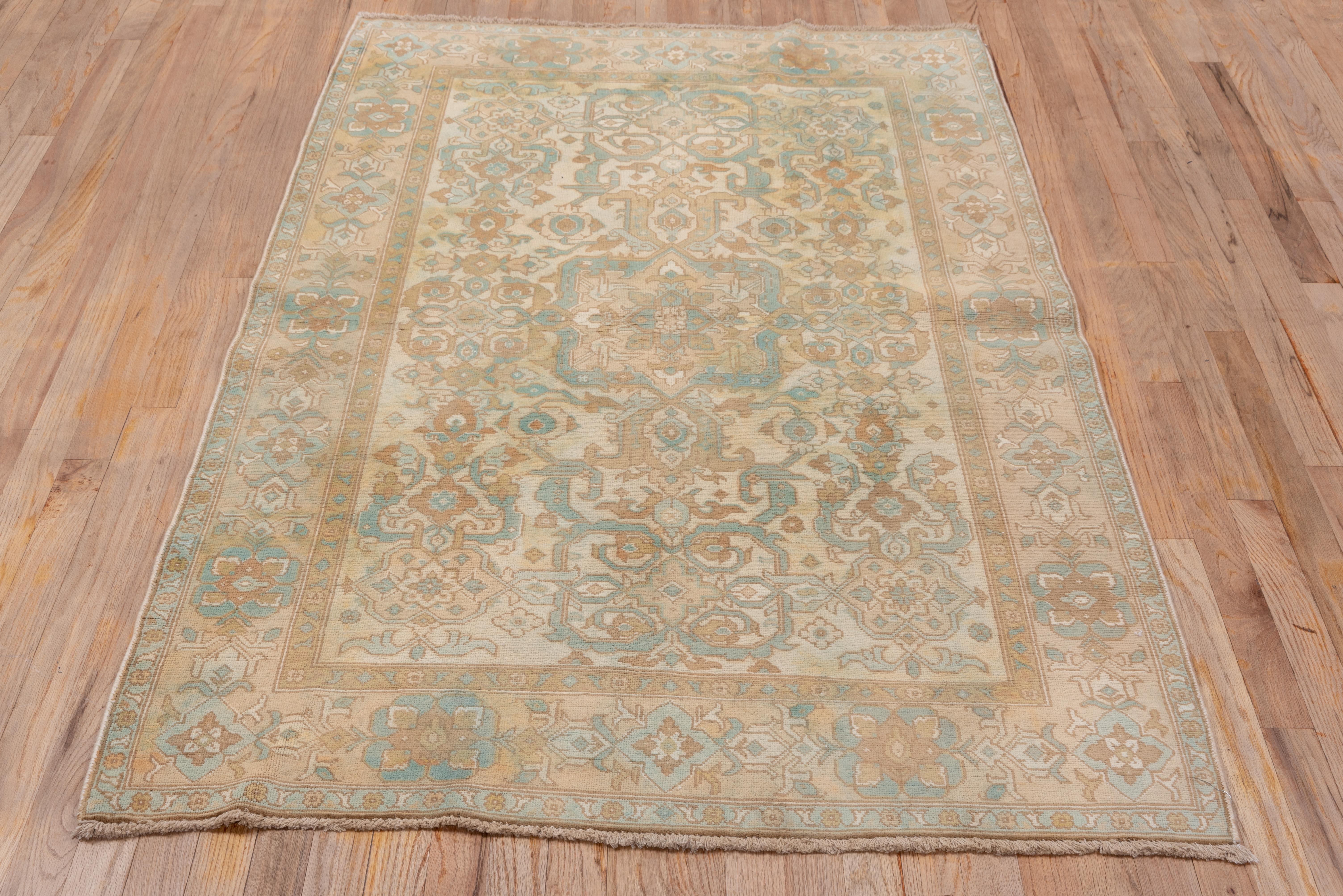 Tribal Cream & Aqua Blue Turkish Sivas Scatter Rug, circa 1930s