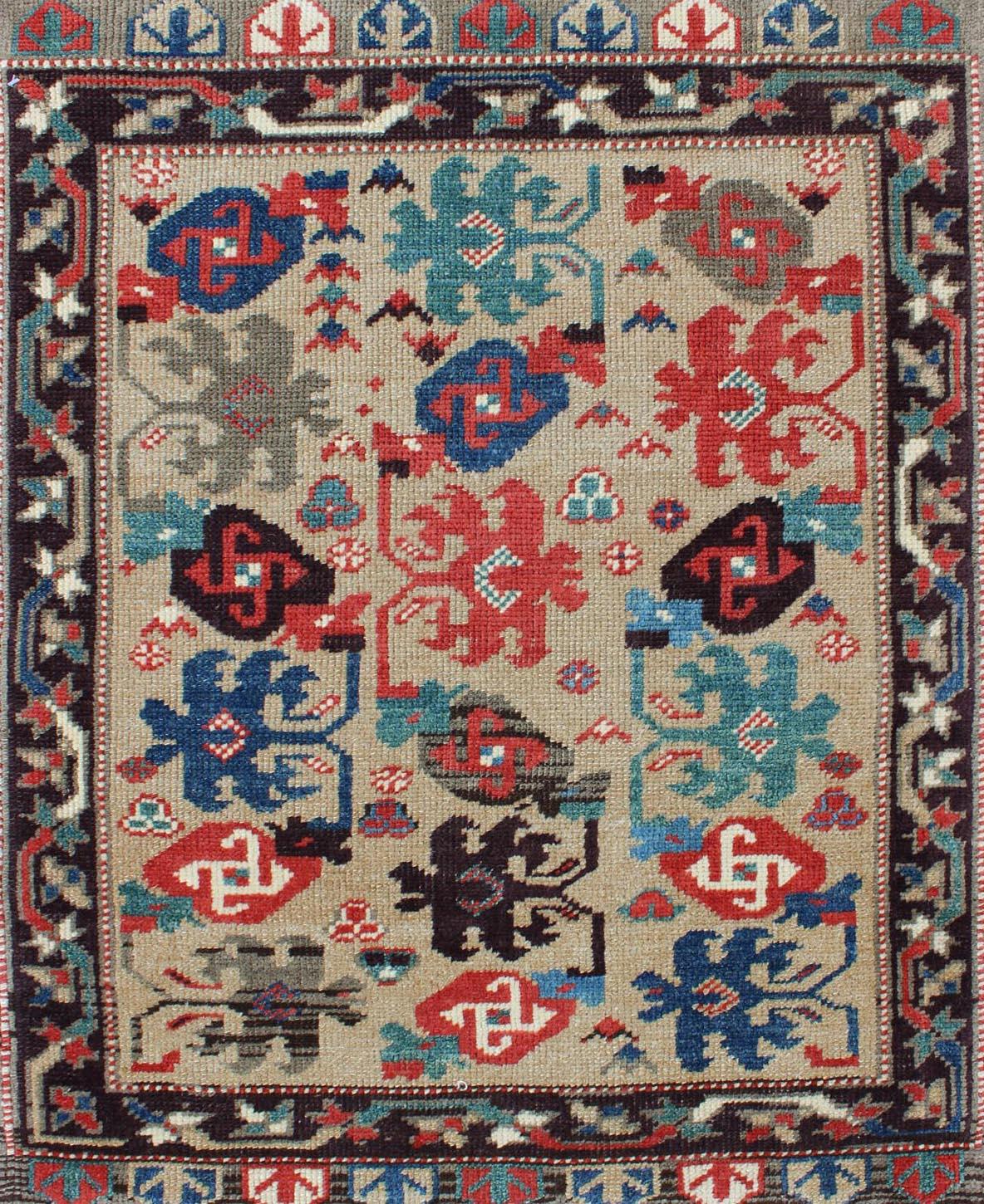 Hand-Knotted Cream Background Colorful Vintage Turkish Oushak Rug with All-Over Tribal Design