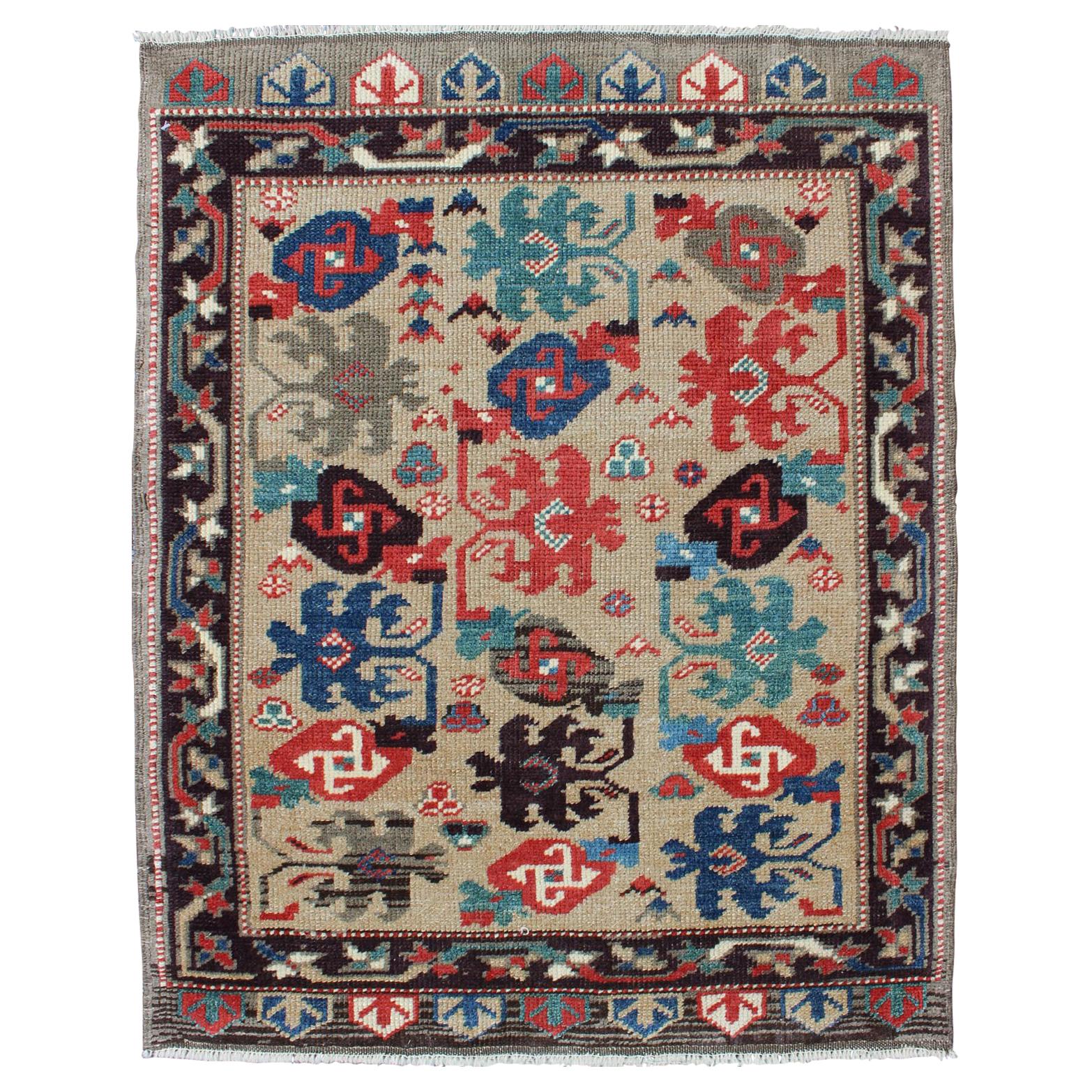 Cream Background Colorful Vintage Turkish Oushak Rug with All-Over Tribal Design