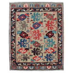 Cream Background Colorful Vintage Turkish Oushak Rug with All-Over Tribal Design