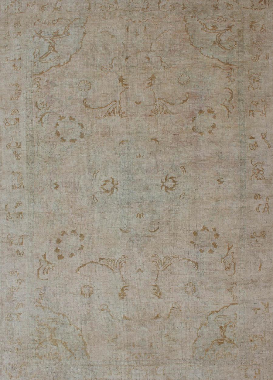 Turkish Cream Background Midcentury Vintage Oushak Rug from Turkey with Floral Design For Sale